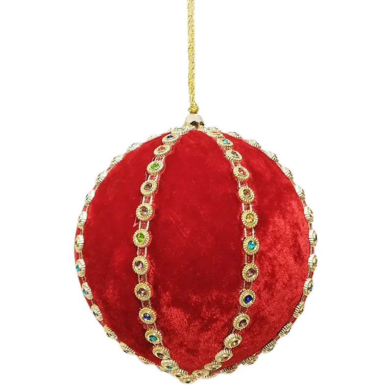 Palla D 10 Cm Velluto Rosso E Nastro Perle