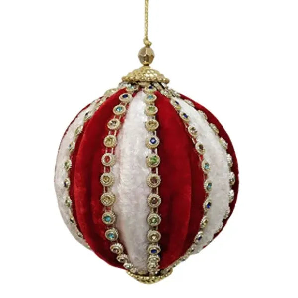 Palla D 10 Cm Velluto Rosso E Bianco Decoro Gemme