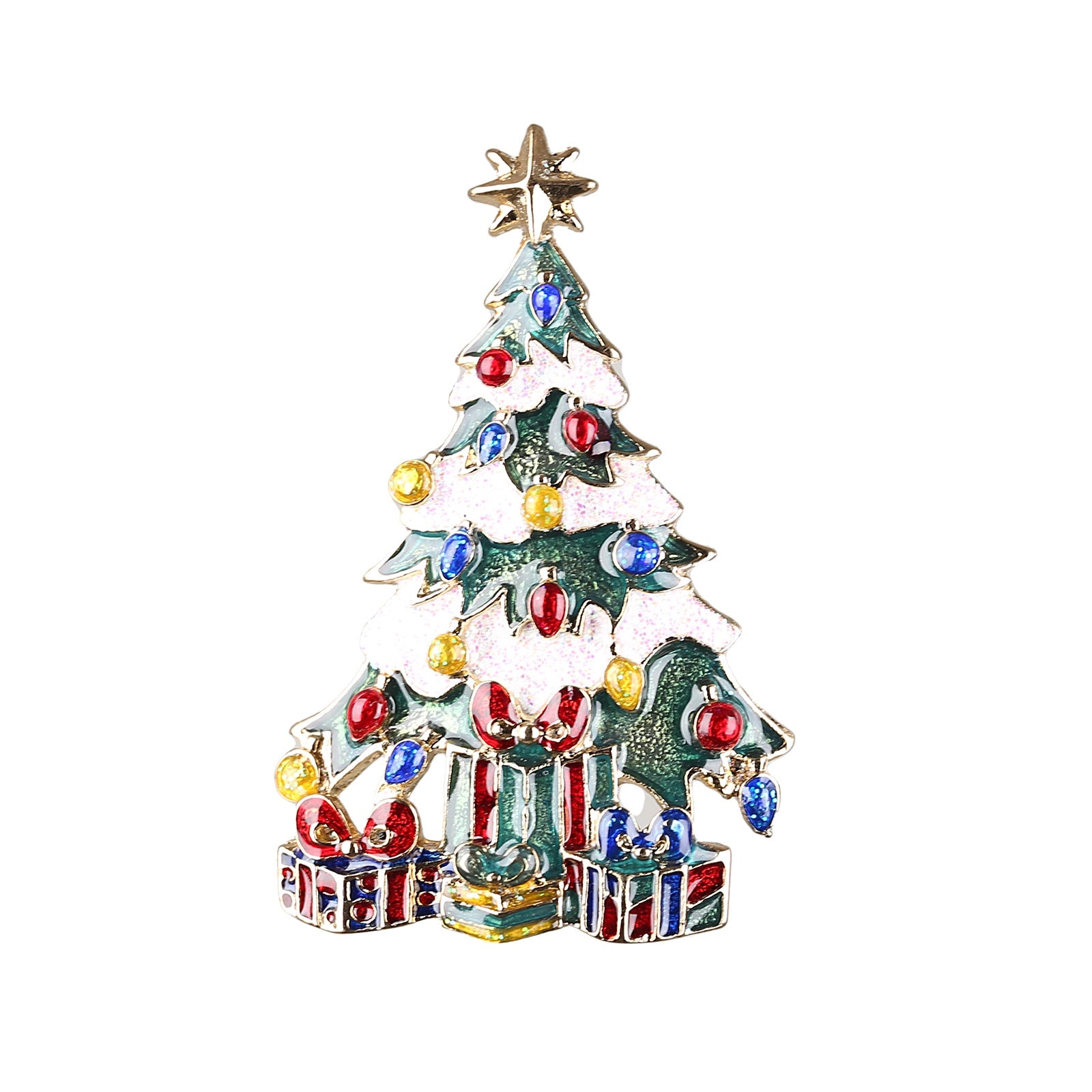 Spilla Natalizia Albero Di Natale Innevato accessorio decorativo con strass colorati e smalto per abbigliamento natalizio - DeMatteis.it