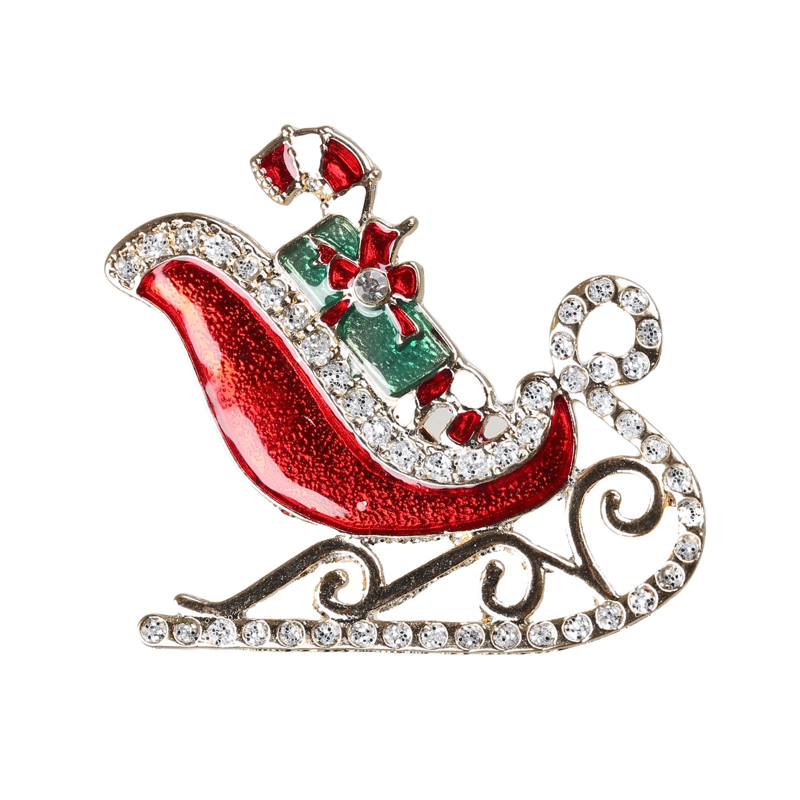 Spilla Natalizia Slitta Con Regali decorativa per abbigliamento natalizio con strass e smalti colorati - DeMatteis.it