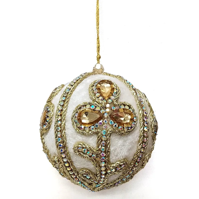 Palla D 10 Cm Bianca Decoro Fiore Pietre Oro