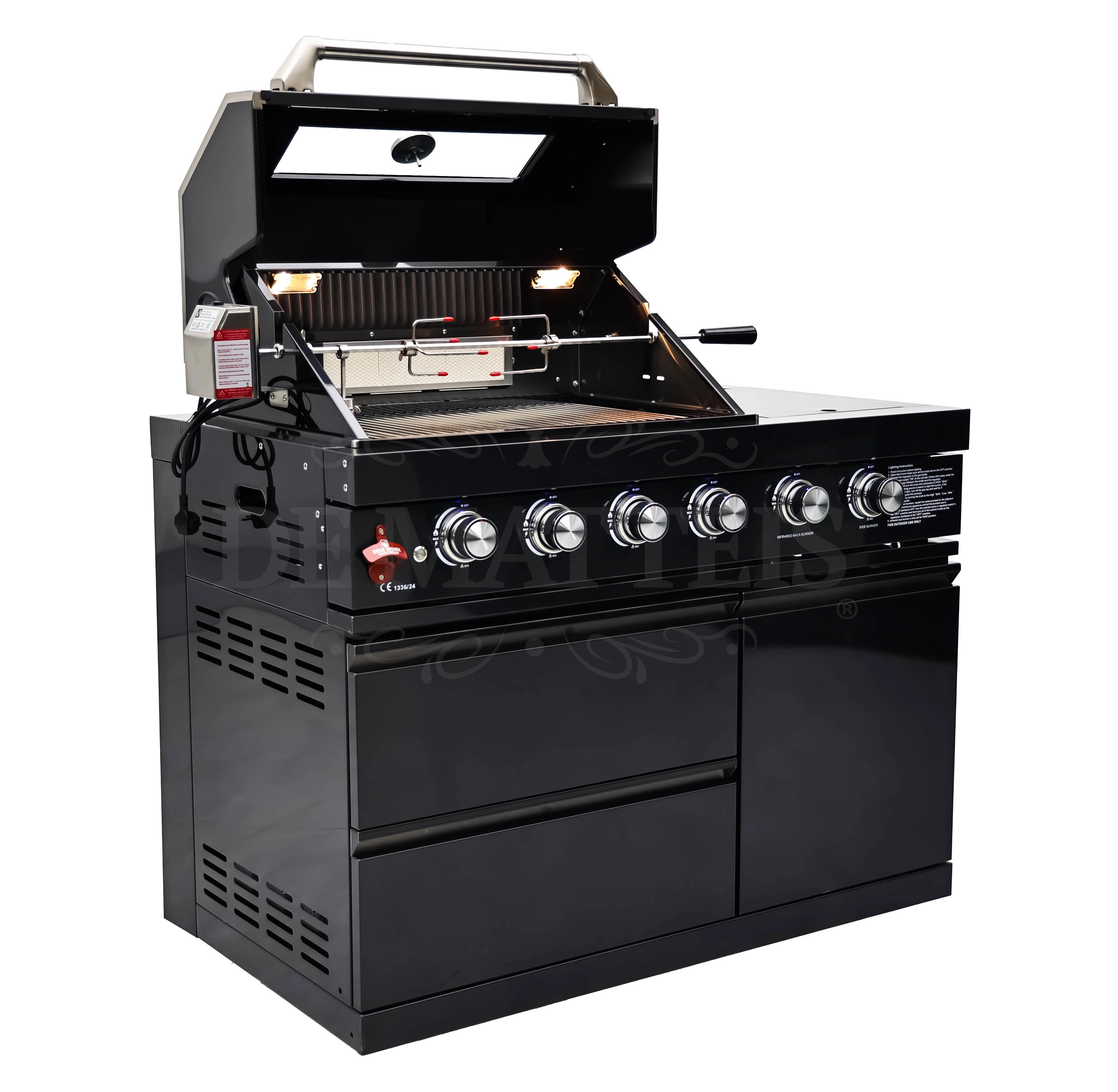 De Matteis, Barbecue a gas Pro 4 fornello e girarrosto in acciaio inossidabile nero con cappa apribile, griglia interna, girarrosto e pannello di controllo con manopole cromate - DeMatteis.it