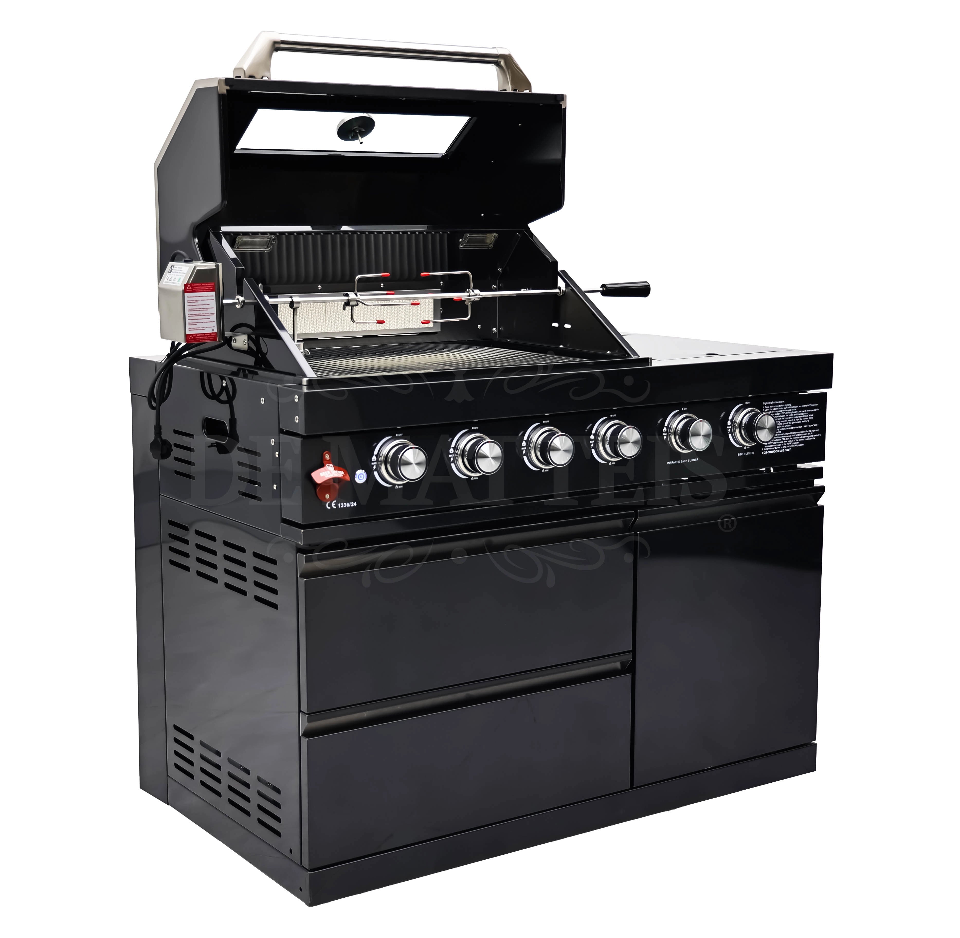 De Matteis, Barbecue A Gas Pro 4 Fornello E Girarrosto in acciaio inossidabile nero con cappa apribile, griglia interna, girarrosto e mobile con ante - DeMatteis.it