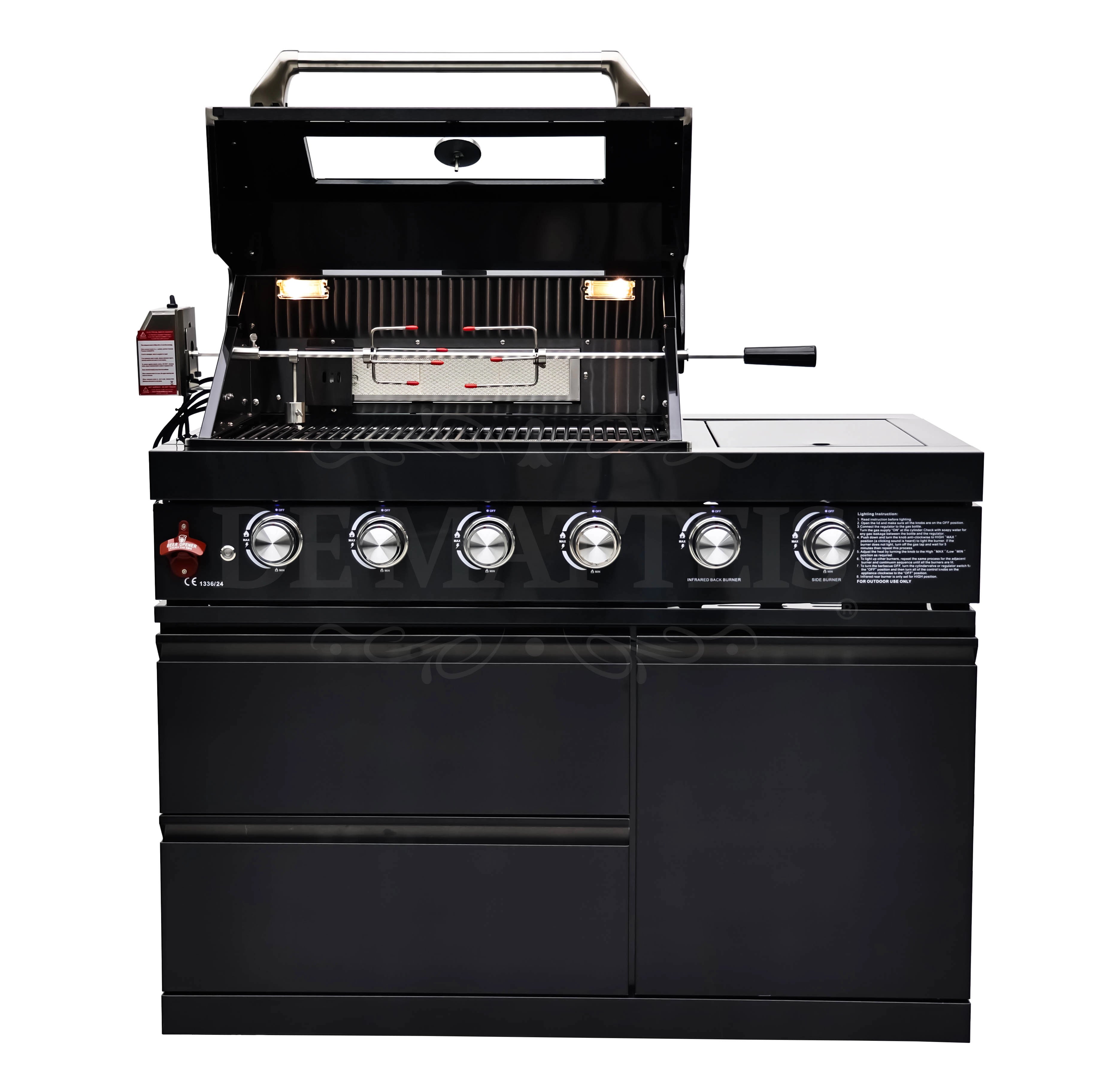 De Matteis, Barbecue A Gas Pro 4 Fornello E Girarrosto in acciaio inossidabile nero con 6 manopole cromate, griglia interna e girarrosto rotativo visibile - DeMatteis.it