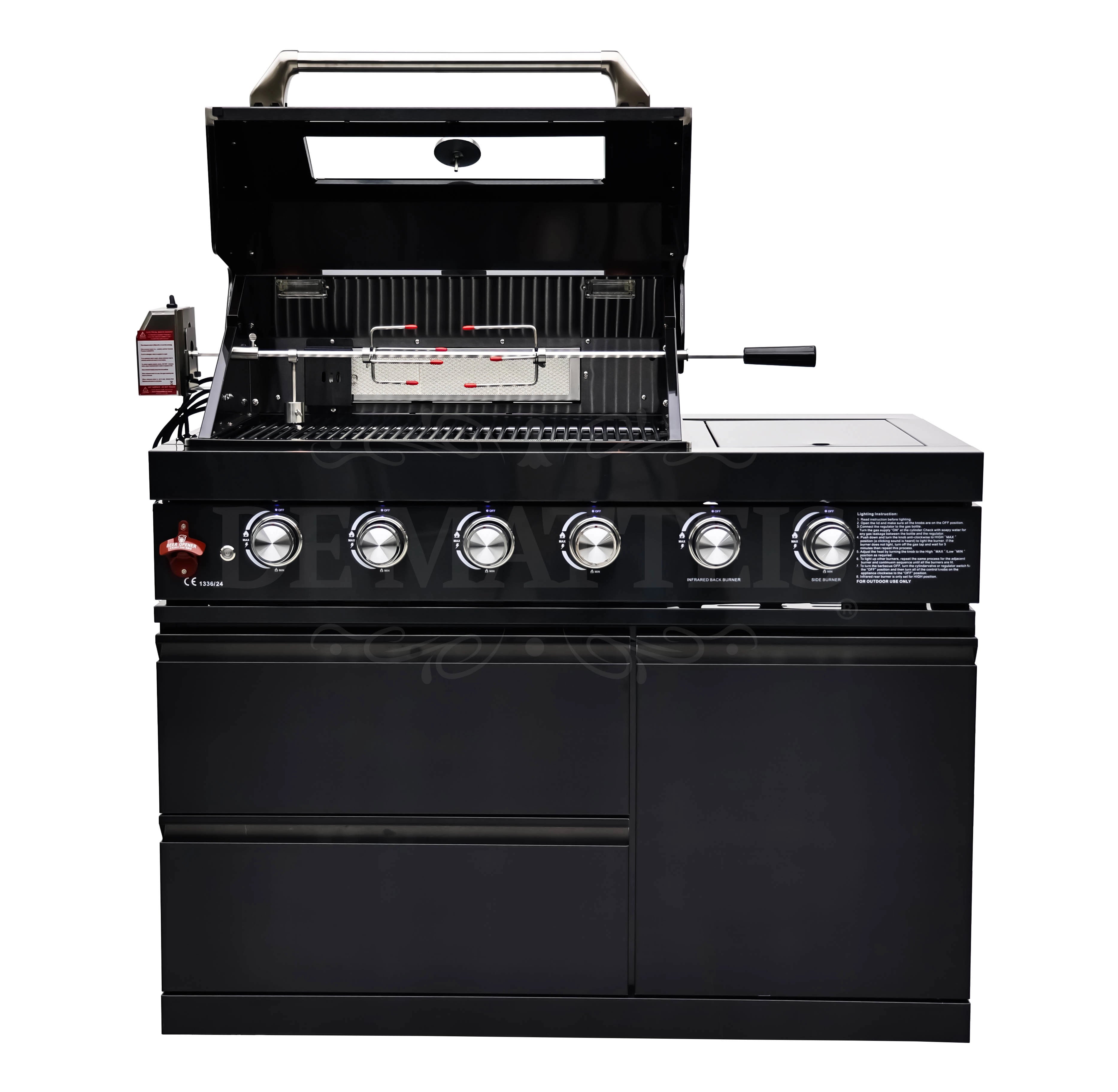 De Matteis, Barbecue A Gas Pro 4 Fornello E Girarrosto in acciaio inossidabile nero con 6 manopole cromate, griglia interna e girarrosto centrale visibile - DeMatteis.it