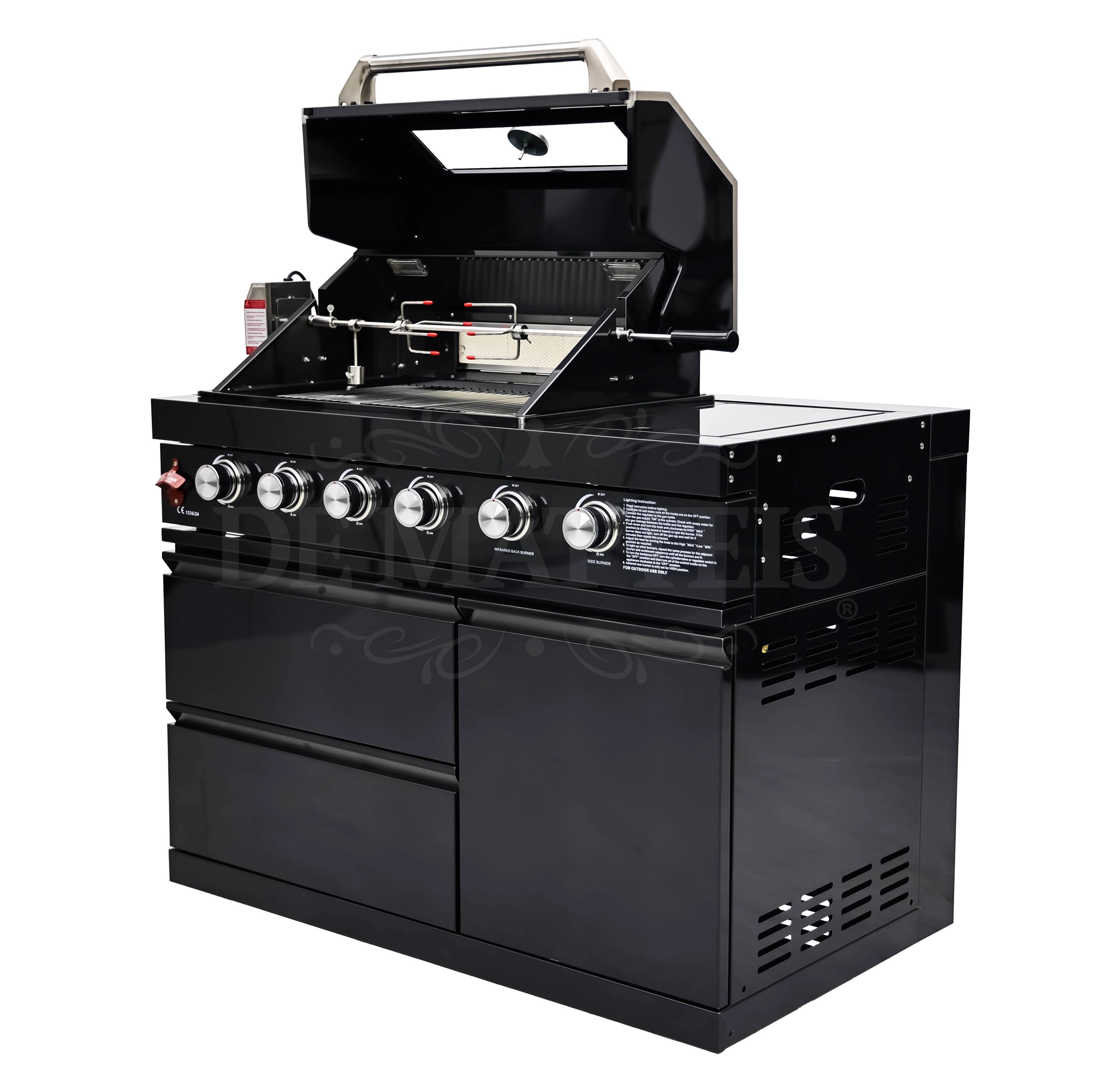 De Matteis, Barbecue A Gas Pro 4 Fornello E Girarrosto in acciaio inossidabile nero con coperchio aperto, griglia doppia, 6 manopole cromate e mobile con ante - DeMatteis.it