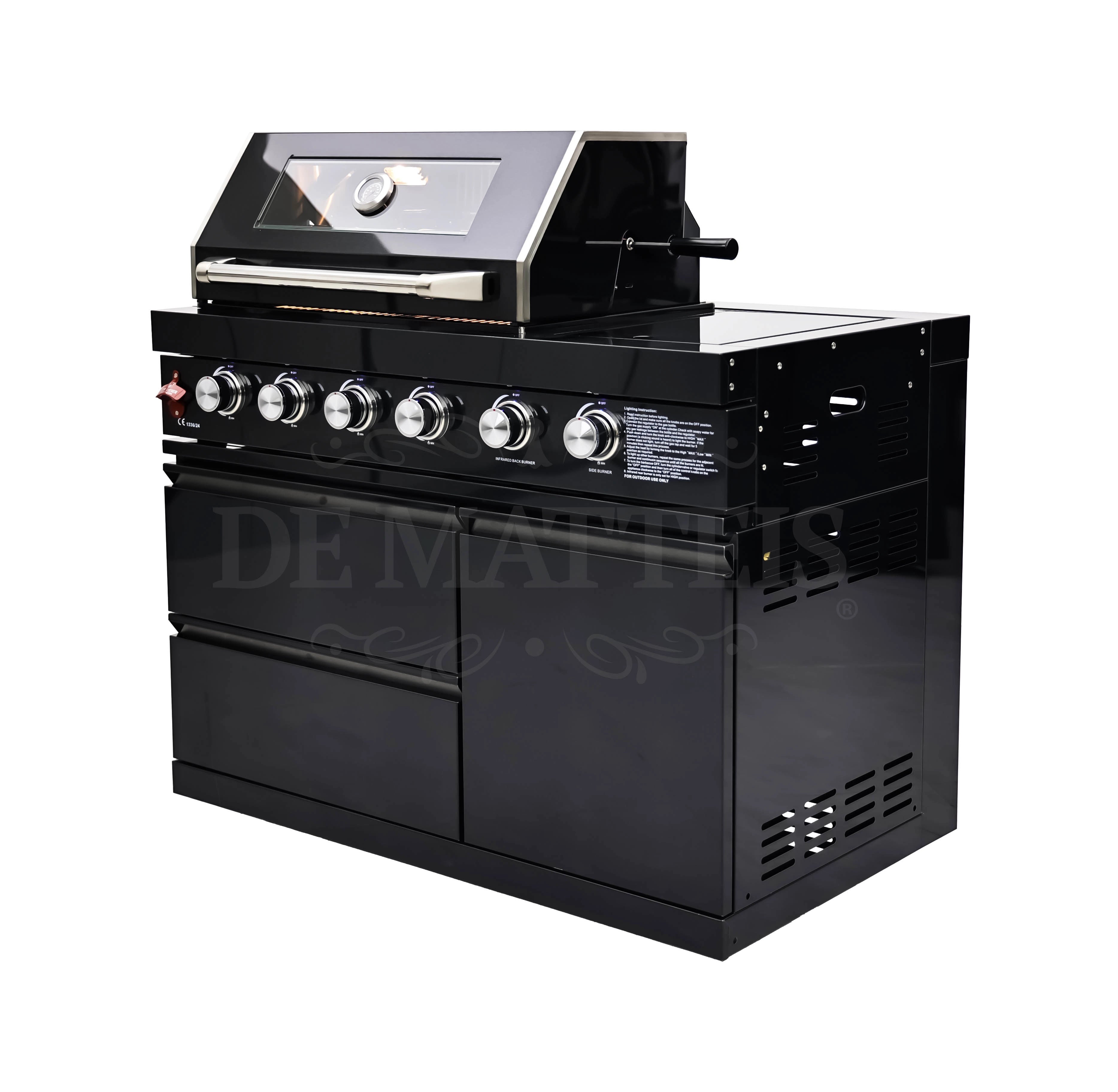 De Matteis, Barbecue a gas Pro 4 fornello e girarrosto in acciaio inossidabile nero con 6 manopole cromate e cappa apribile con termometro - DeMatteis.it