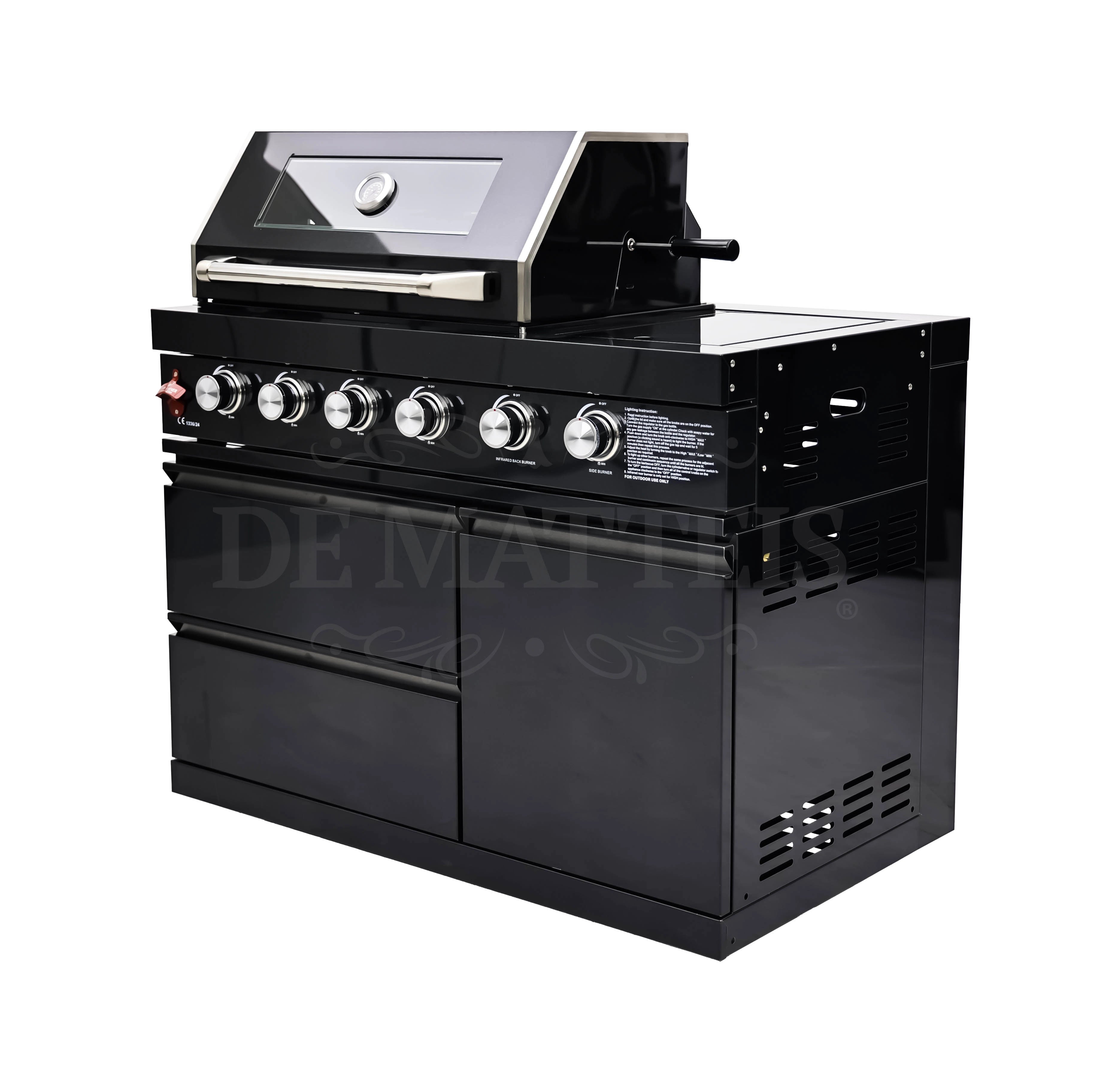 De Matteis, Barbecue a gas Pro 4 fornello e girarrosto in acciaio inossidabile nero con 6 manopole cromате e coperchio con termometro integrato - DeMatteis.it