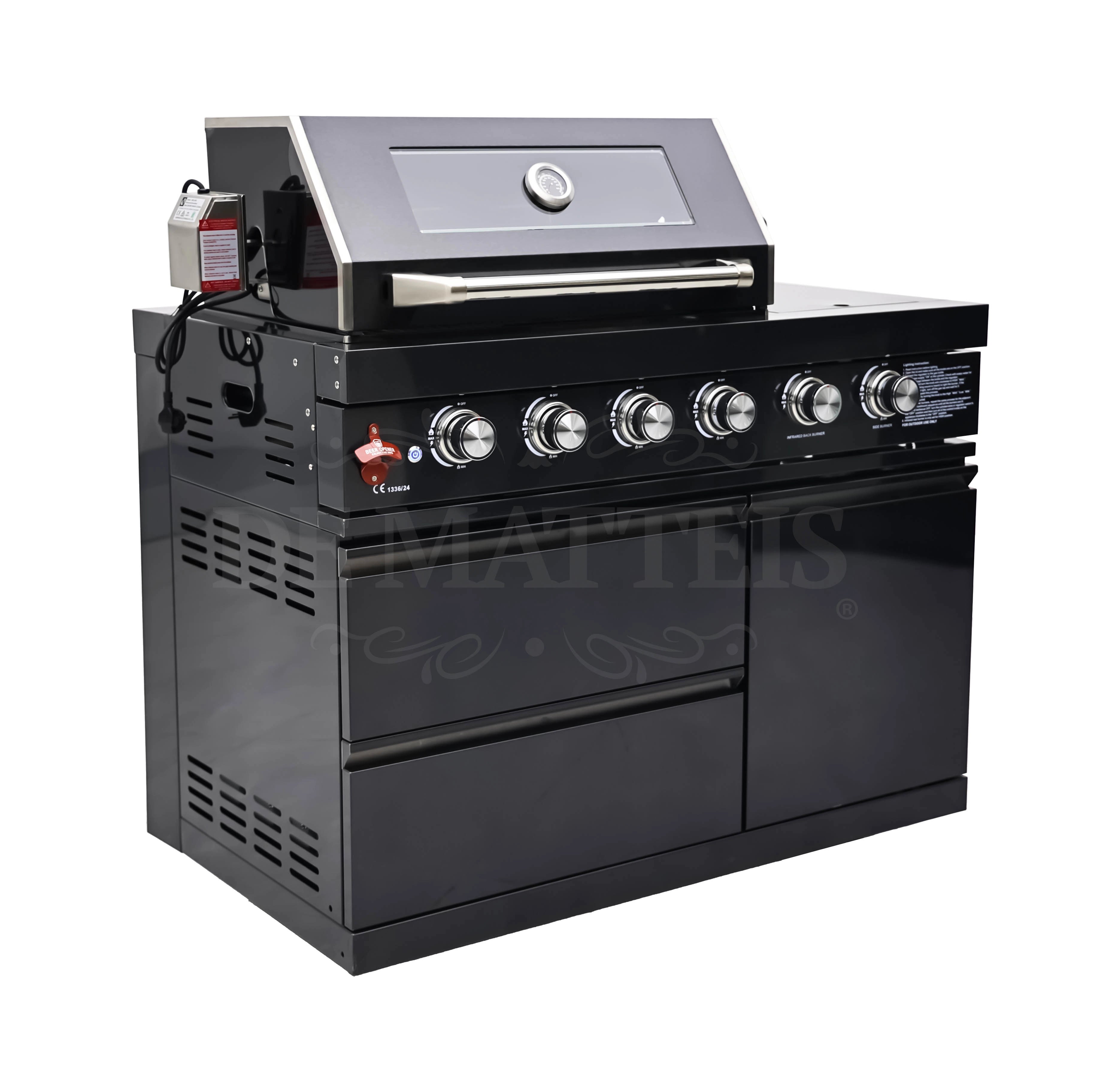 De Matteis, Barbecue A Gas Pro 4 Fornello E Girarrosto in acciaio inossidabile nero con maniglie cromate, pannello frontale in vetro temperato e 6 manopole di controllo - DeMatteis.it