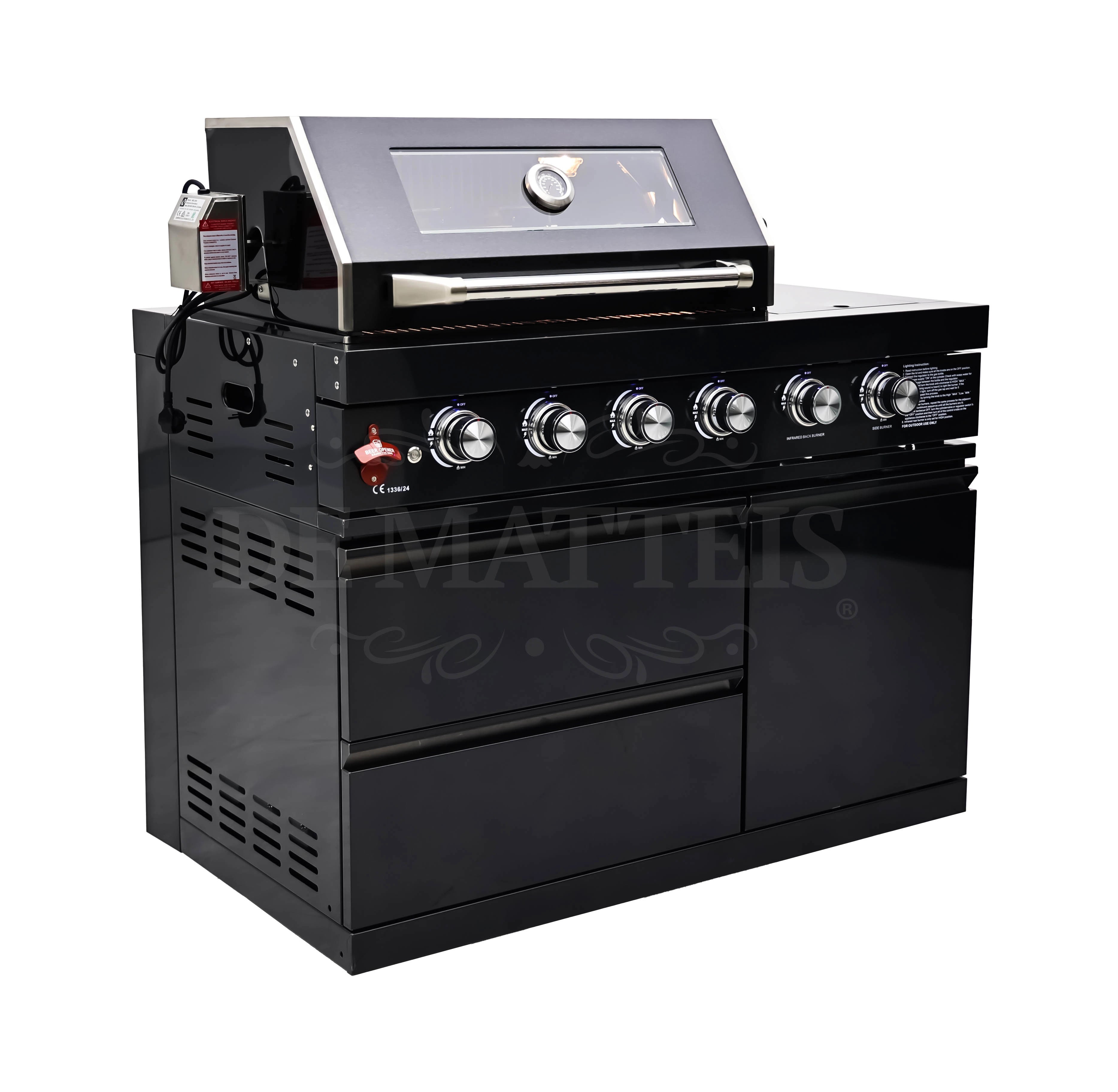 De Matteis, Barbecue a gas Pro 4 fornelli e girarrosto in acciaio inossidabile nero con manopole cromate e piano di lavoro laterale - DeMatteis.it