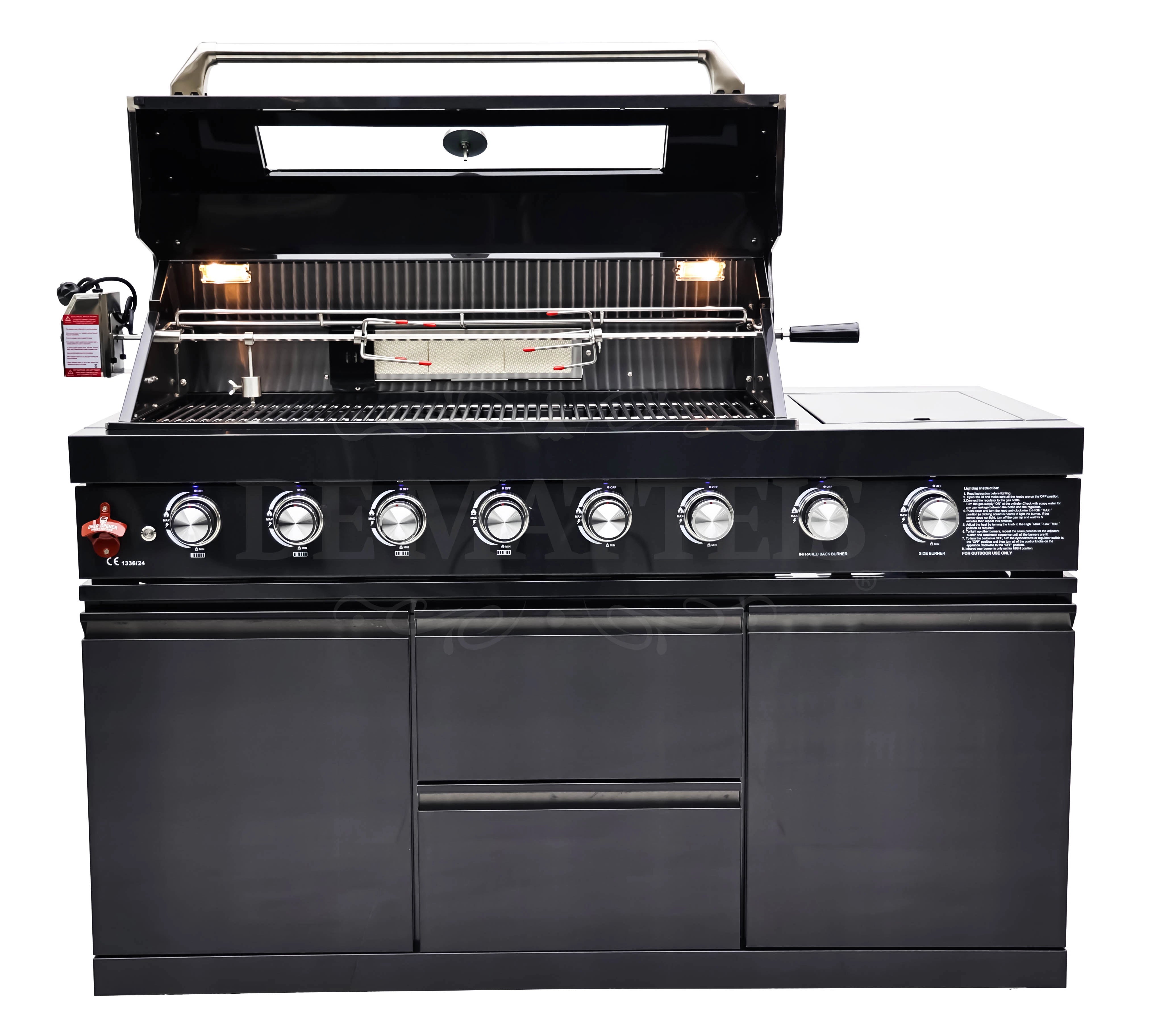 De Matteis, Barbecue a Gas Pro 6 Fornello e Girarrosto in acciaio inox nero con 8 manopole cromate, griglie regolabili, spiedo rotante e mobile con cassetti - DeMatteis.it