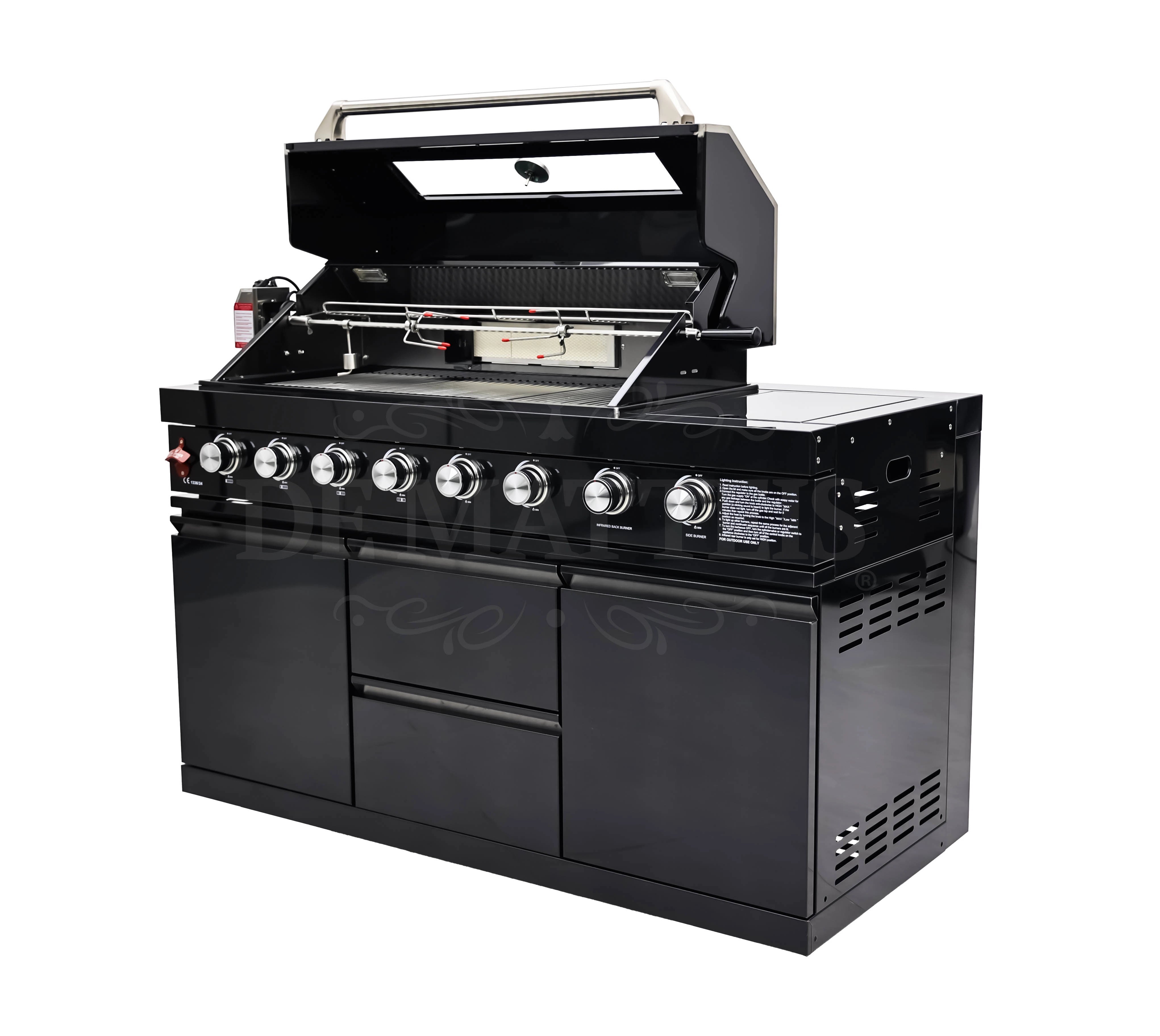 De Matteis, Barbecue A Gas Pro 6 Fornello E Girarrosto in acciaio inox nero con cappa sollevabile, griglie cromate, manopole argentate e mobile con ante - DeMatteis.it