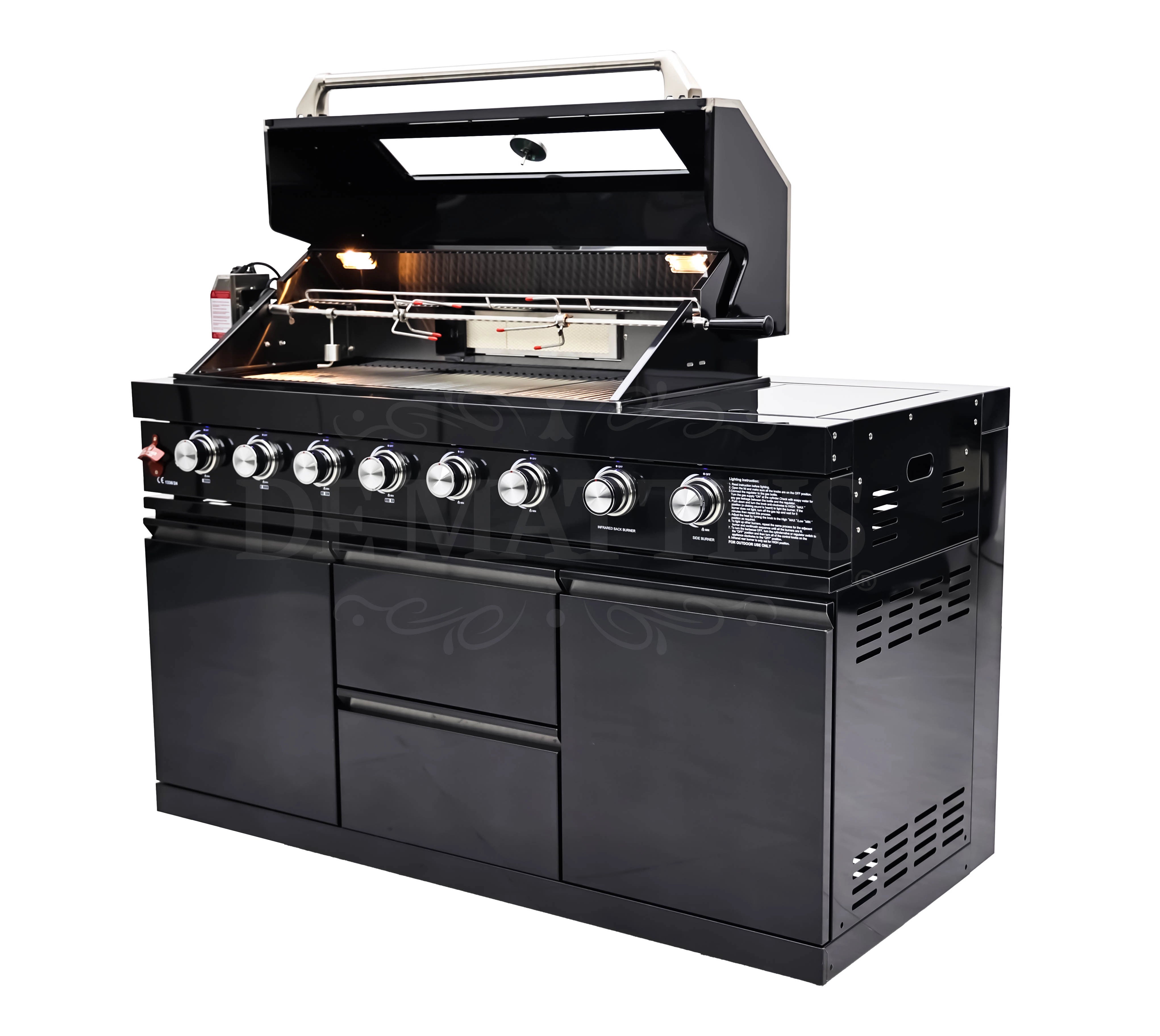 De Matteis, Barbecue A Gas Pro 6 Fornello E Girarrosto in acciaio nero con cappa aperta, griglia interna, manopole cromate e mobile con ante e cassetti - DeMatteis.it