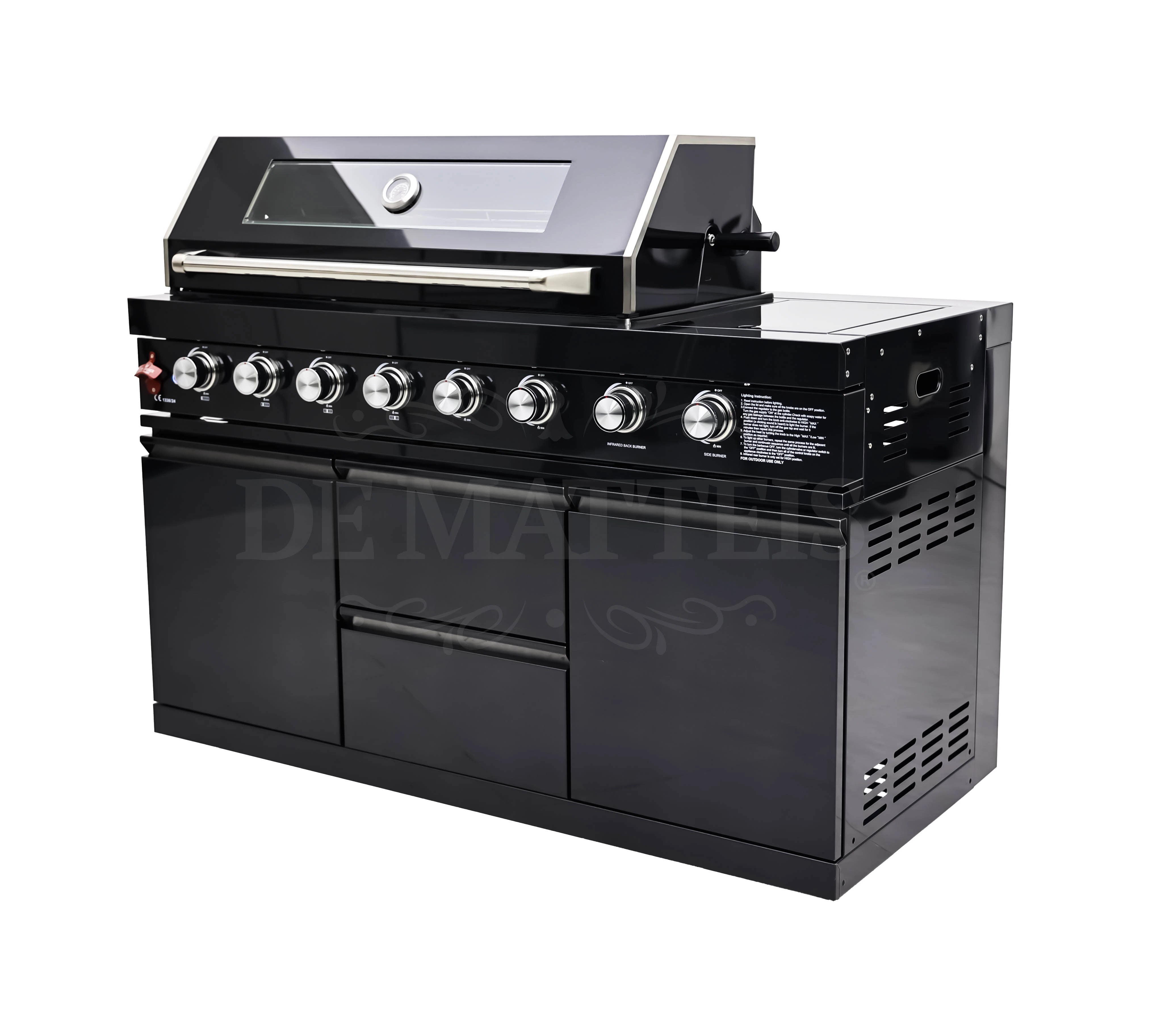 De Matteis, Barbecue A Gas Pro 6 Fornello E Girarrosto in acciaio inox nero con 8 manopole cromate, piano laterale e mobiletto con ante e cassetti - DeMatteis.it