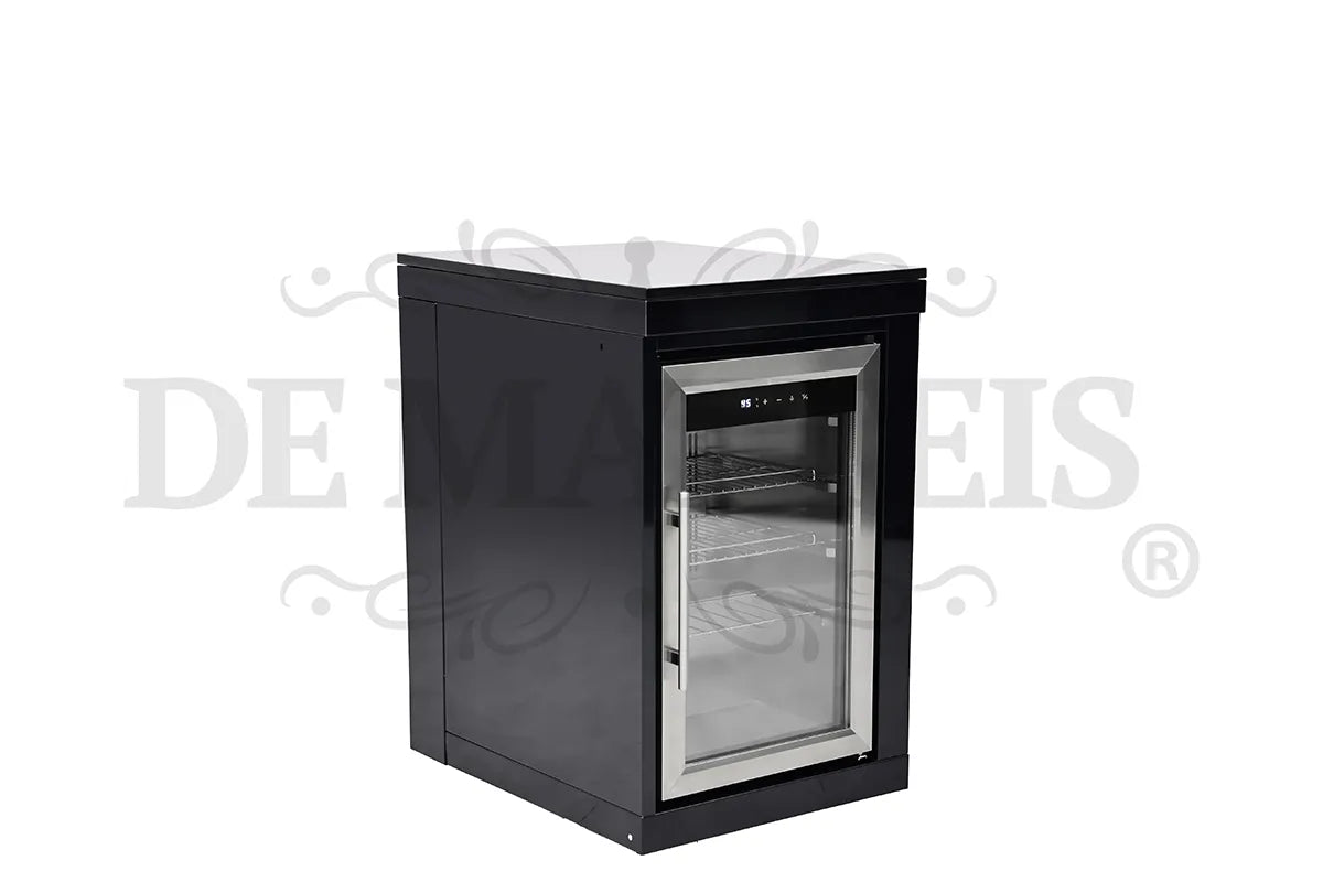 De Matteis, Modulo Frigo Per Barbecue Serie Pro con struttura in acciaio nero e porta frontale in vetro con ripiani interni visibili e pannello di controllo digitale - DeMatteis.it