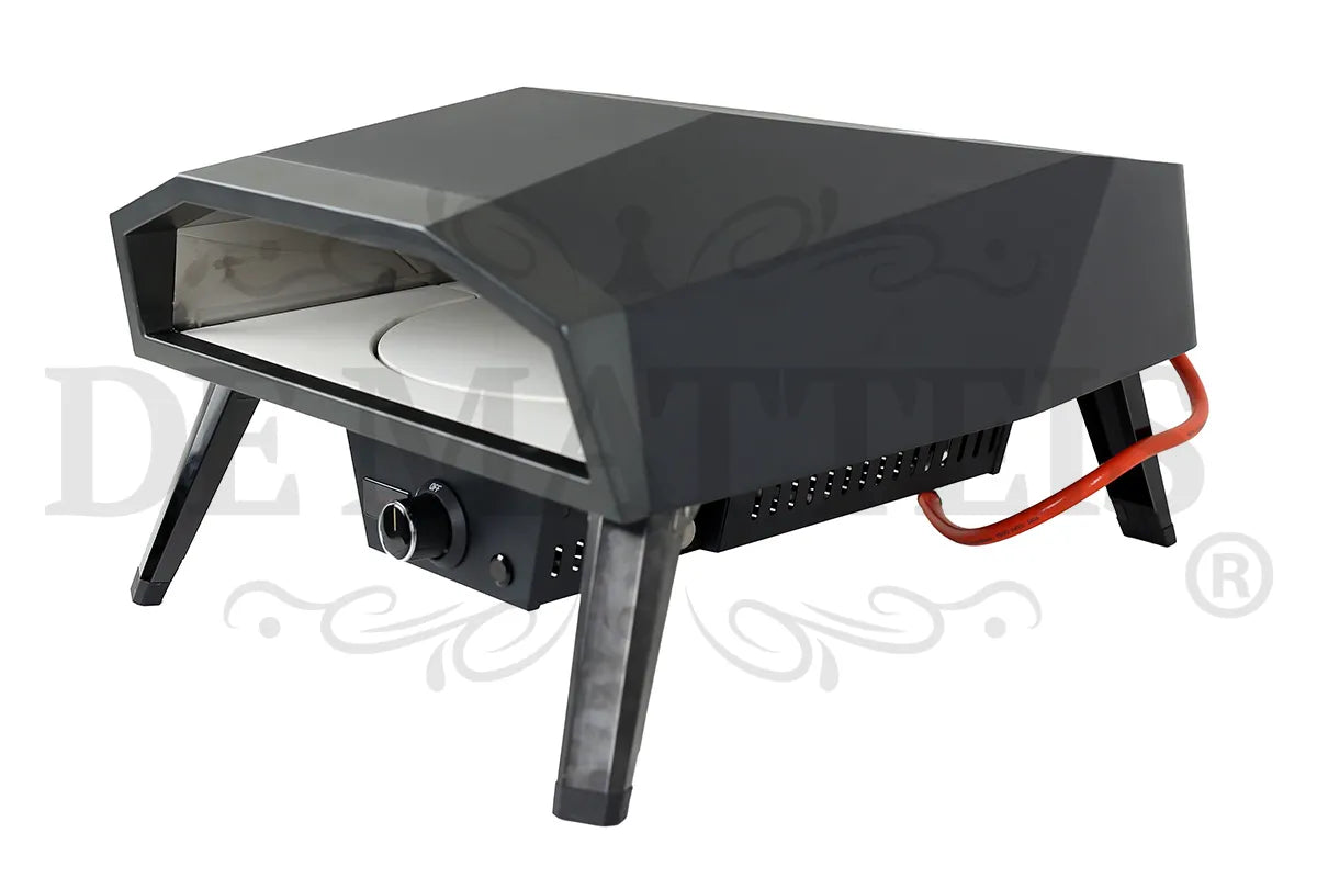 De Matteis, Forno per pizza a gas Pro 2 16 girevole con struttura in acciaio nero, base girevole bianca, gambe pieghevoli e maniglia rossa per il trasporto - DeMatteis.it