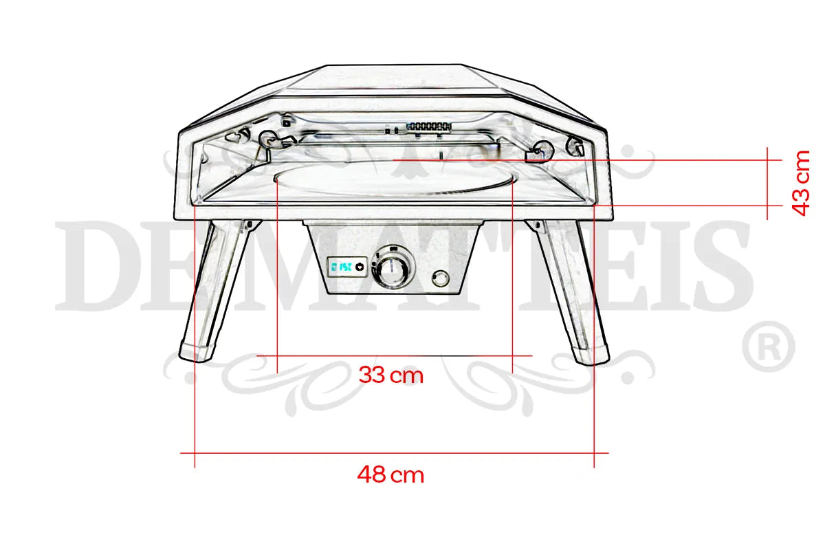 De Matteis, Forno per pizza a gas Pro 2 16 girevole con schema tecnico dimensioni 48x33x43 cm, cupola apribile e pannello controlli frontale - DeMatteis.it