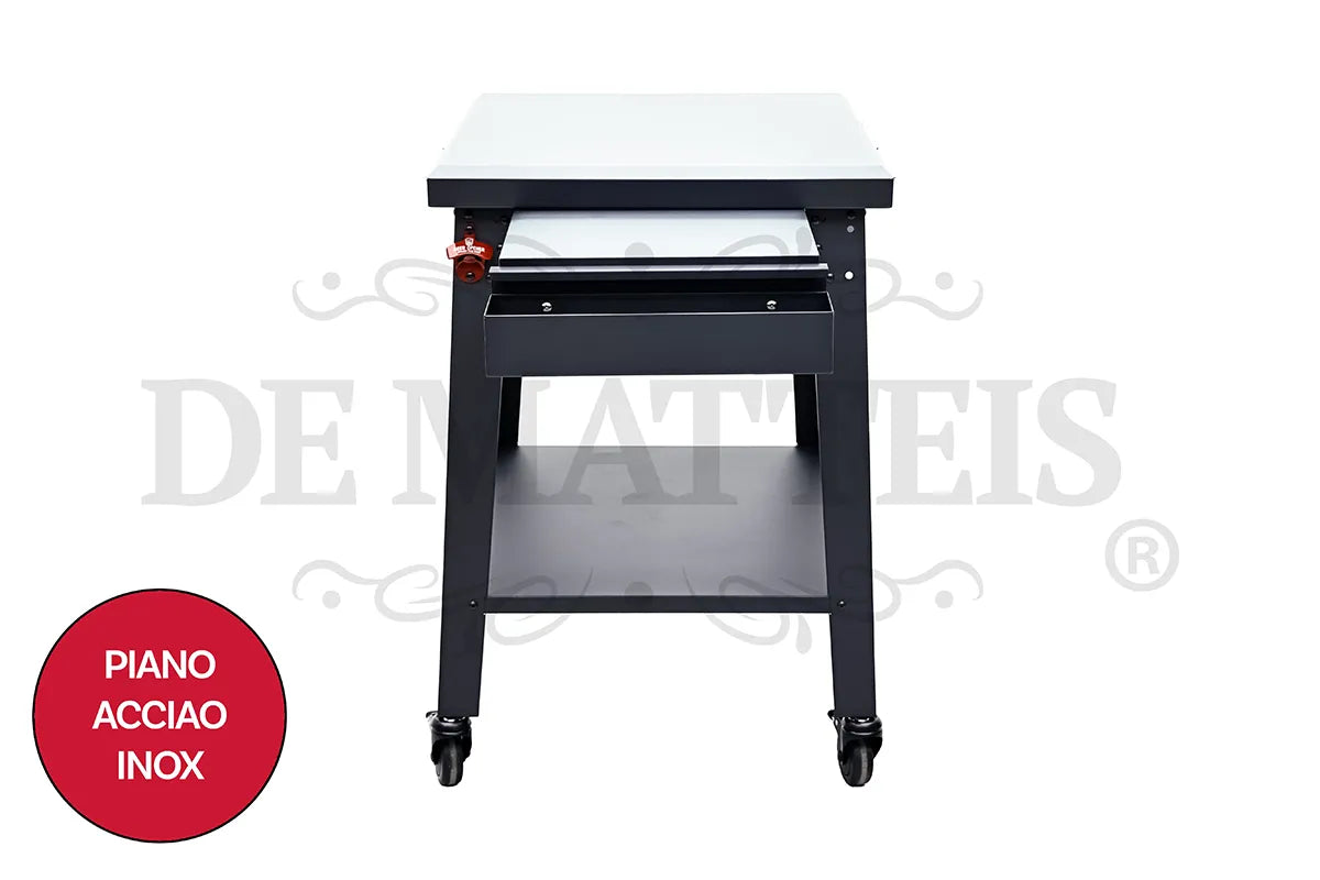 De Matteis, Tavolo Ripiano Estraibile Inox Forno Pizza Pro con struttura nera verniciata a polvere, piano superiore in acciaio inox e ruote per mobilità - DeMatteis.it