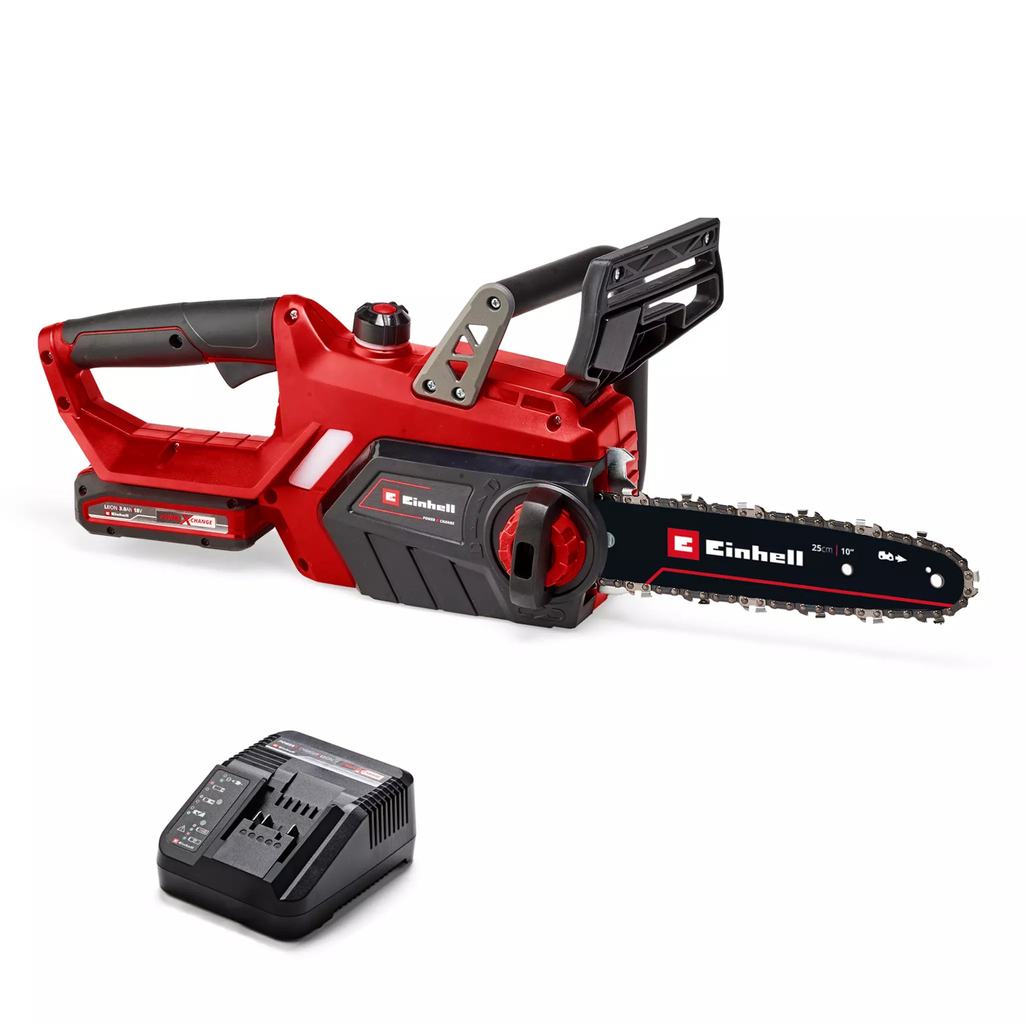 Elettrosega a batteria GE-LC 18/25-1 Li Kit di Einhell in colorazione rosso-nero con barra da 23 cm, batteria Power X-Change da 3,0 Ah e caricabatterie inclusi, ideale per progetti di giardinaggio e fai-da-te. | Dematteis.it