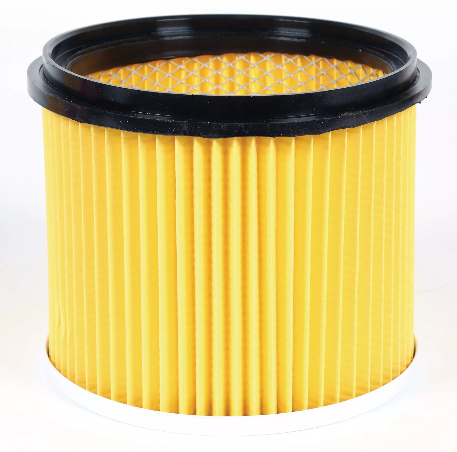 Filtro pieghettato originale Einhell di colore giallo con bordo nero, compatibile con aspirapolvere a umido e secco, diametro 150 mm e altezza 155 mm, per protezione ottimale del motore. | Dematteis.it