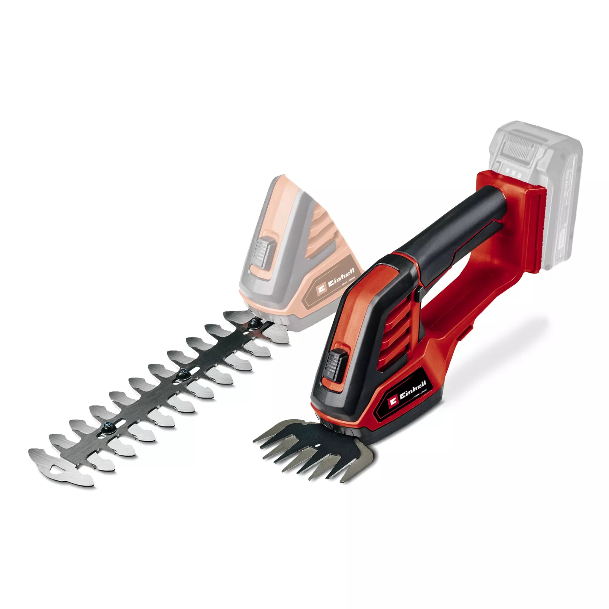 Le forbici GE CG 18/100 Li di Einhell con lame intercambiabili per erba e siepi, impugnatura ergonomica e batteria Power X-Change, perfette per lavori di precisione nel giardinaggio domestico. | Dematteis.it