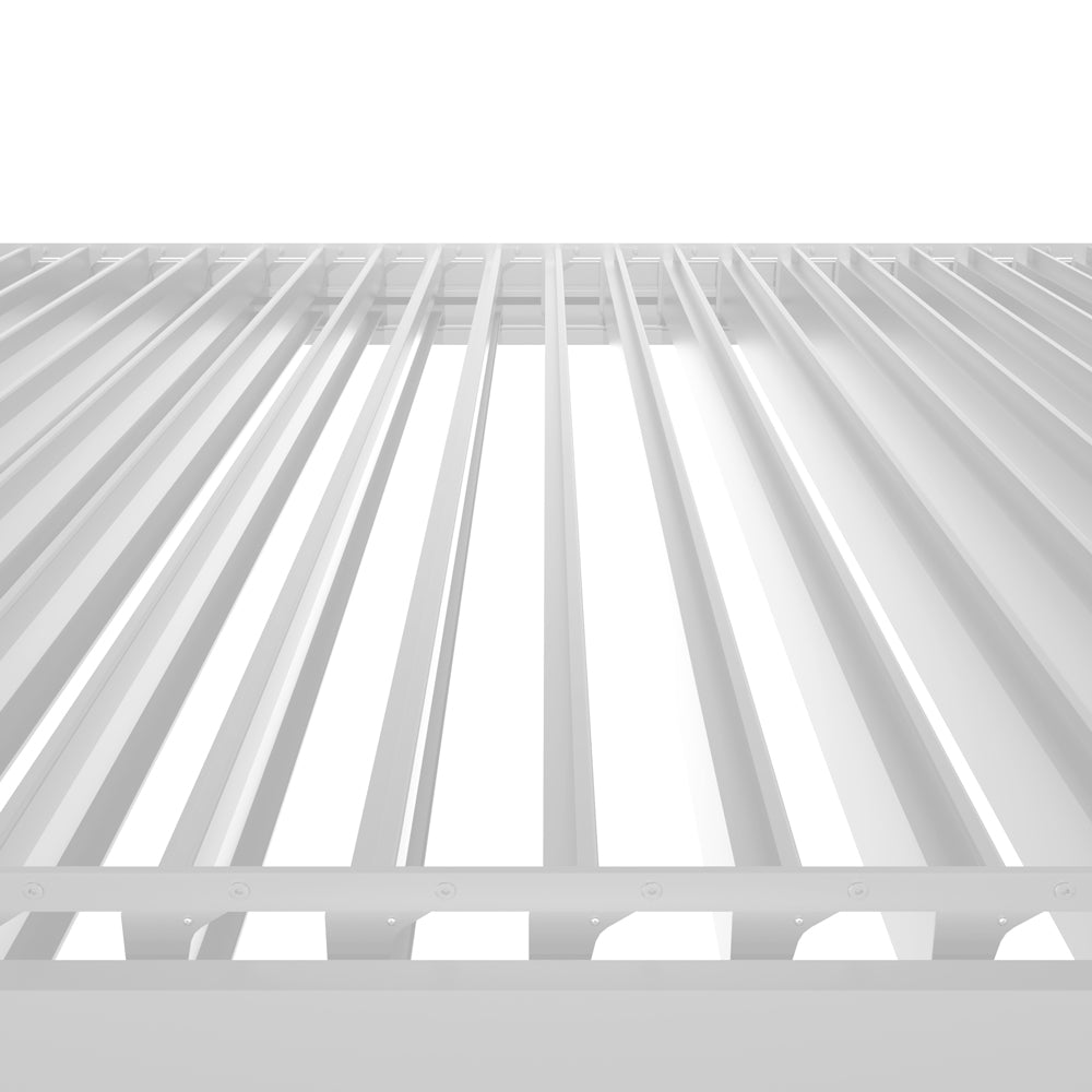 De Matteis, Pergola bioclimatica 3x4 motorizzata con illuminazione LED integrata vista dal basso con lamelle orientabili in alluminio bianco - DeMatteis.it