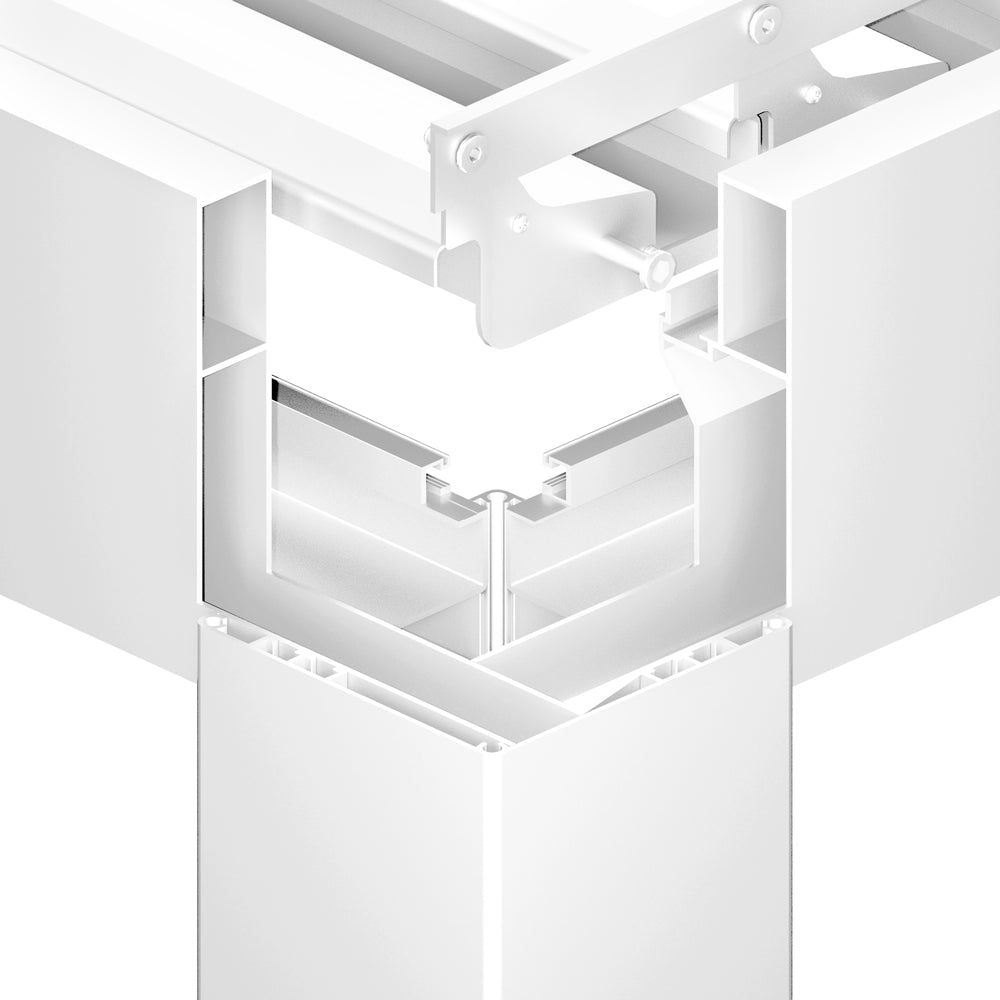 De Matteis, Pergola bioclimatica 3x4 motorizzata con illuminazione LED integrata vista esplosione struttura bianca con pilastri quadrati e lamelle orientabili - DeMatteis.it