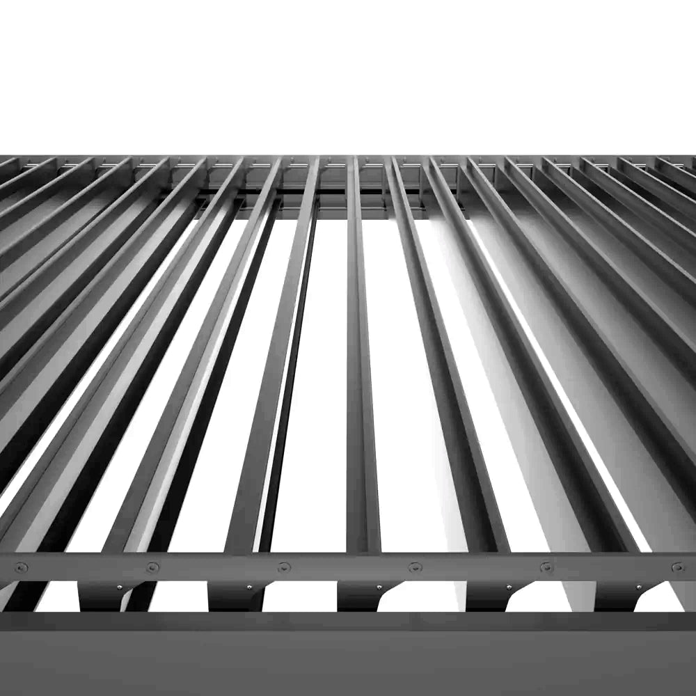 De Matteis, Pergola Bioclimatica 4x4 Addossata Antracite Motorizzata Con Led vista dal basso con lamelle orientabili in alluminio e struttura a profili lineari - DeMatteis.it