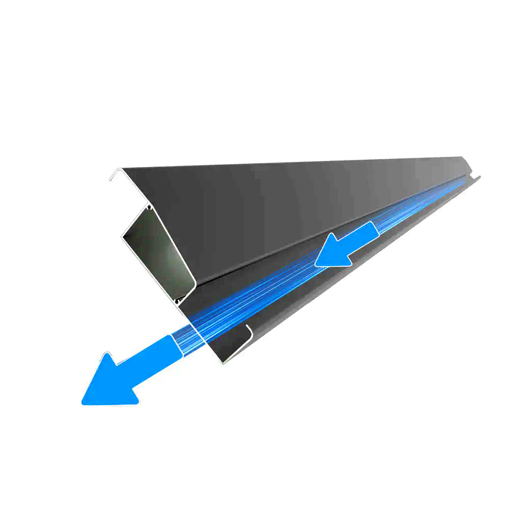 De Matteis, Pergola Bioclimatica 4x5 Addossata Antracite Motorizzata Con Led con dettaglio sistema di drenaggio integrato e frecce blu che mostrano il flusso dell'acqua - DeMatteis.it