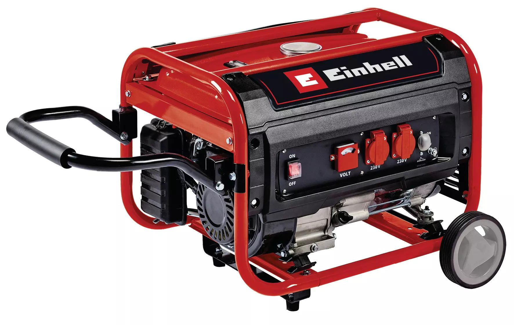 Generatore di corrente TC-PG 35/E5 Einhell con telaio rosso, motore a 4 tempi, doppia presa da 230V, voltmetro integrato e grandi ruote per trasporto facile su ogni terreno. | Dematteis.it