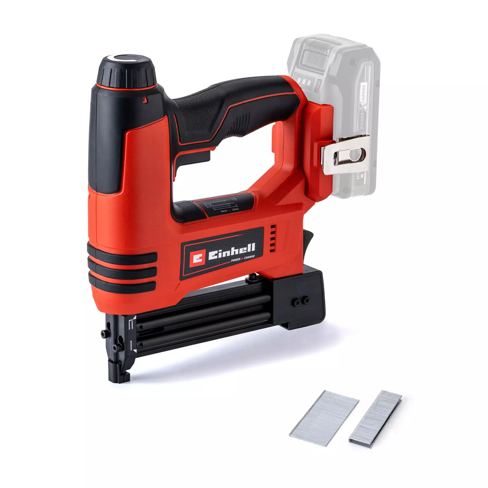 Graffettatrice TE-CN 18 Li Einhell di colore rosso e nero con batteria rimovibile Power X-Change, beccuccio sottile per lavori di precisione e caricatore per 100 chiodi o graffette, ideale per fissaggi professionali. | Dematteis.it