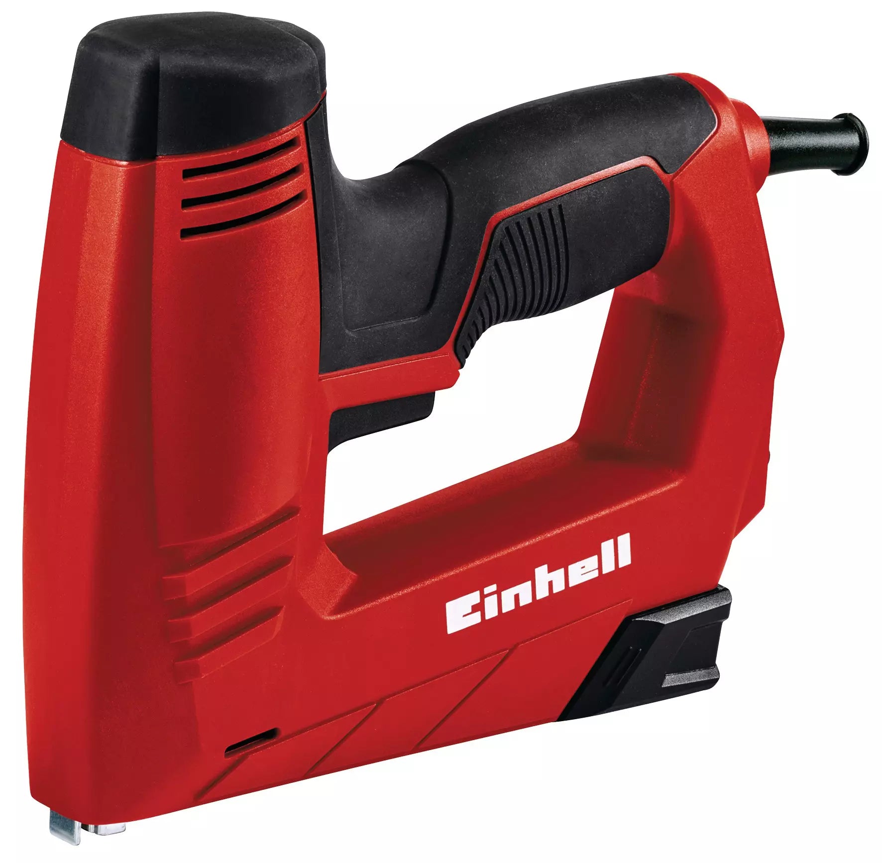 La graffettatrice elettrica TC EN 20 E di Einhell con design ergonomico rosso e nero, impugnatura antiscivolo e sistema di sicurezza, ideale per lavori di fissaggio professionali in casa e officina. | Dematteis.it