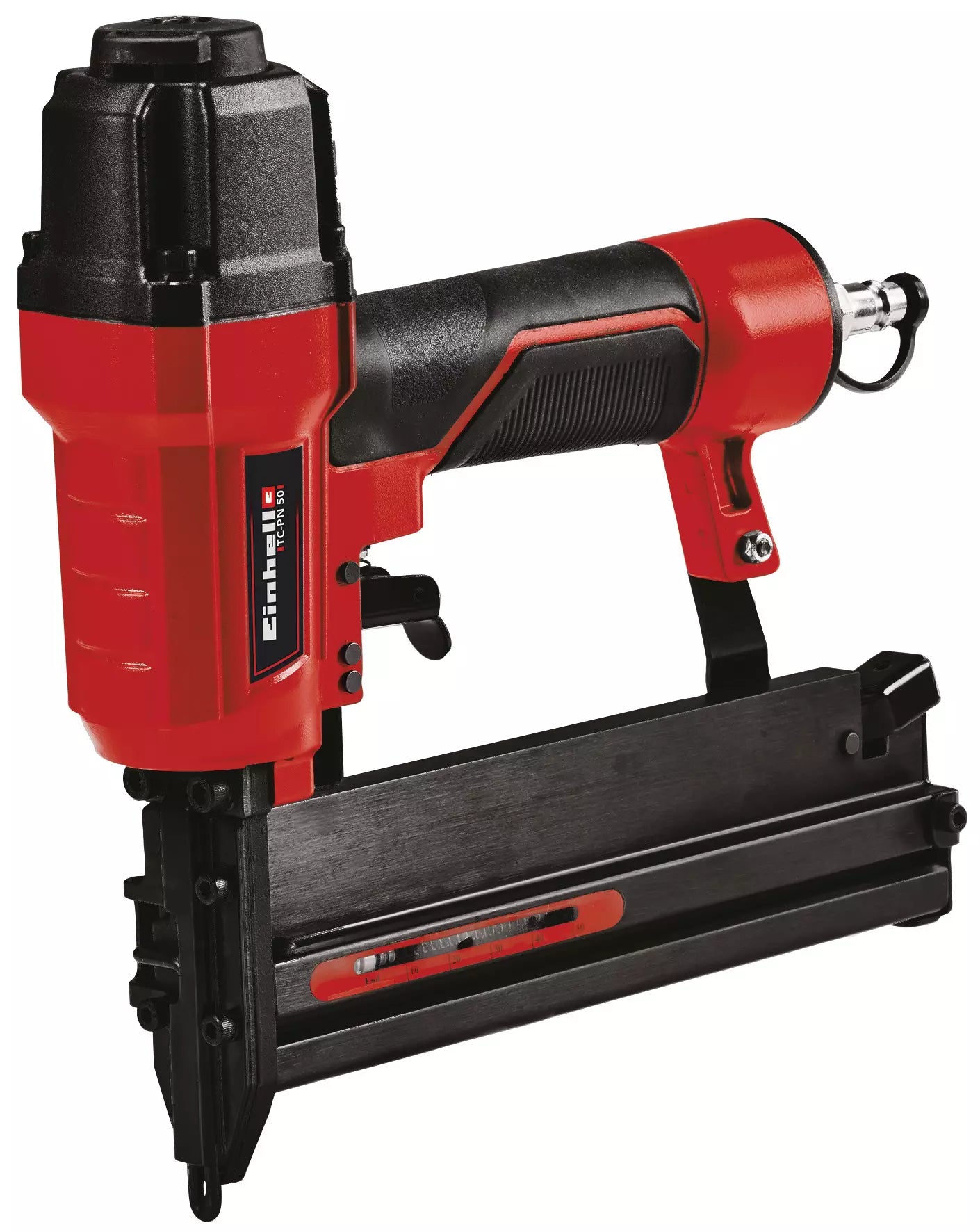 Graffettatrice pneumatica TC PN 50 di Einhell con corpo rosso e nero, impugnatura ergonomica antiscivolo e sistema di regolazione della profondità, ideale per lavori di riparazione e ristrutturazione. | Dematteis.it