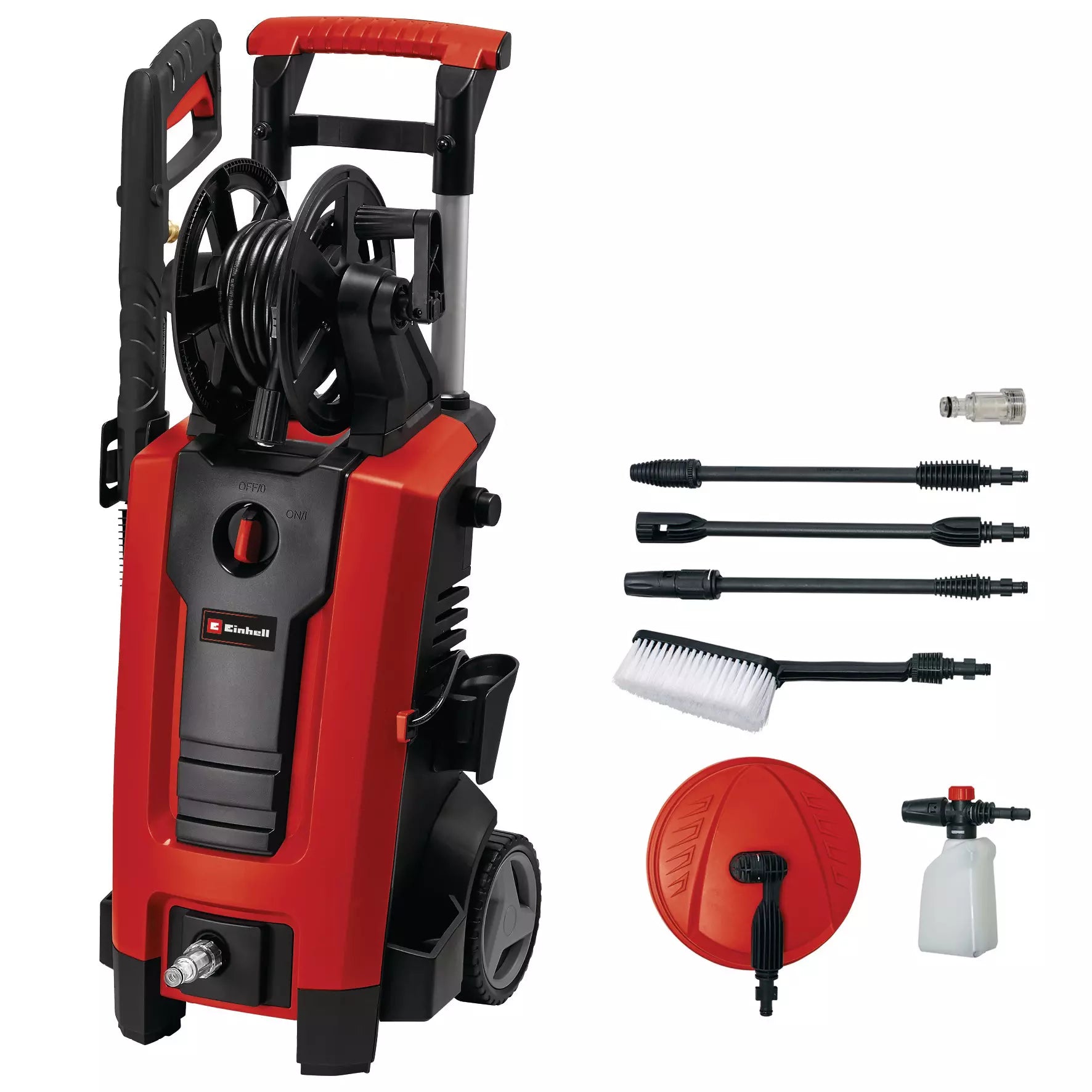 Idropulitrice TE HP 140 Einhell con impugnatura telescopica, pressione massima 140 bar e sistema Quick-Couple, completa di accessori per la pulizia di diverse superfici e serbatoio detergente integrato. | Dematteis.it