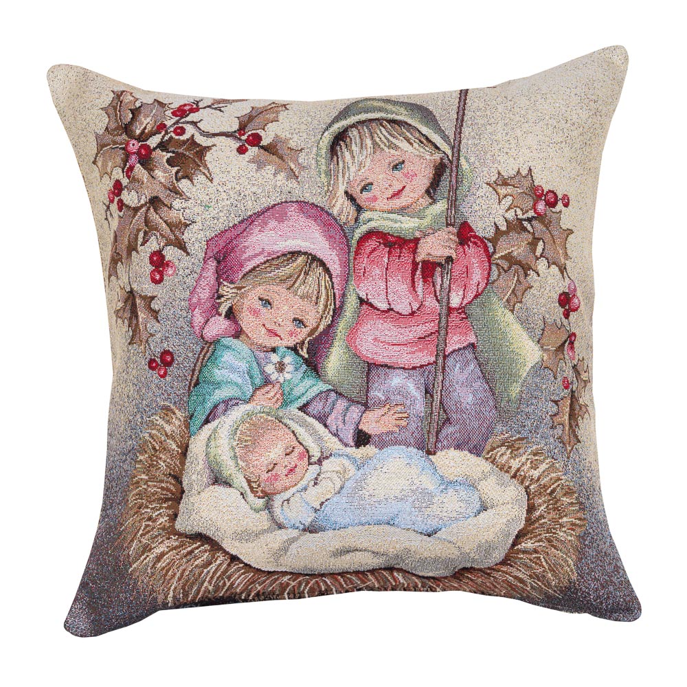 Cuscino Natalizio Presepe Bambini 45 x 45 cm decorativo con scena della Natività ricamata - DeMatteis.it