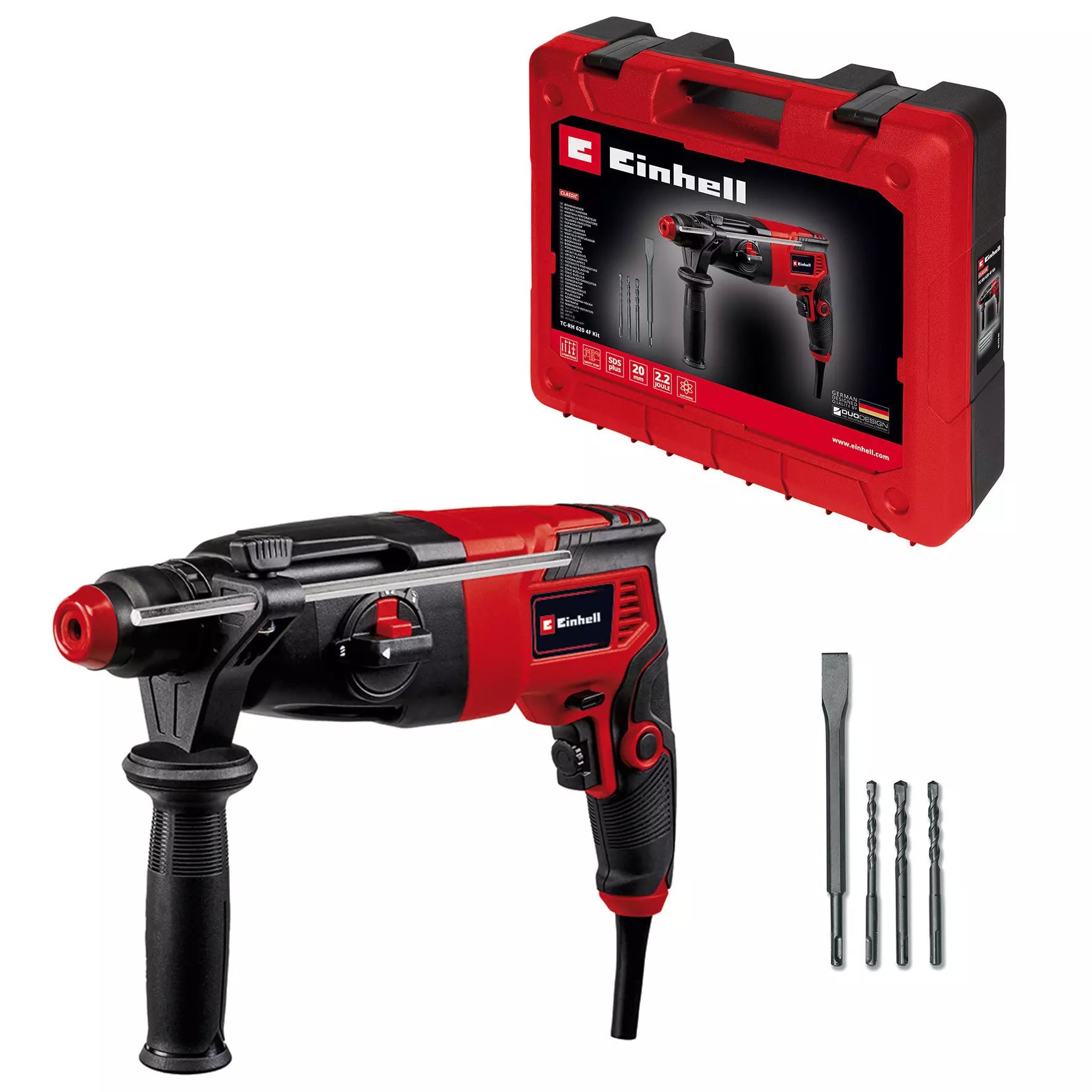 Kit martello tassellatore TC-RH 620 4F Einhell con quattro funzioni integrate, mandrino SDS Plus e accessori inclusi. Strumento versatile con impugnatura ergonomica Softgrip, ideale per lavorare su pietra e calcestruzzo. | Dematteis.it