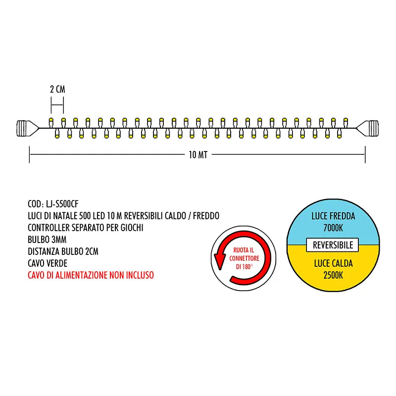 De Matteis, Luci Natale 500 Led 10 m Reversibili Caldo Freddo con schema tecnico della catena luminosa, distanza tra bulbi 2 cm e icone funzione reversibile - DeMatteis.it