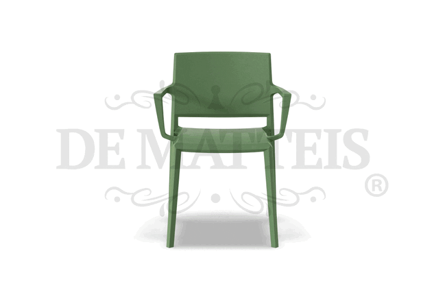 Sedia da giardino con braccioli in resina di colore verde vista frontale, design monoblocco italiano per spazi esterni | DeMatteis.it