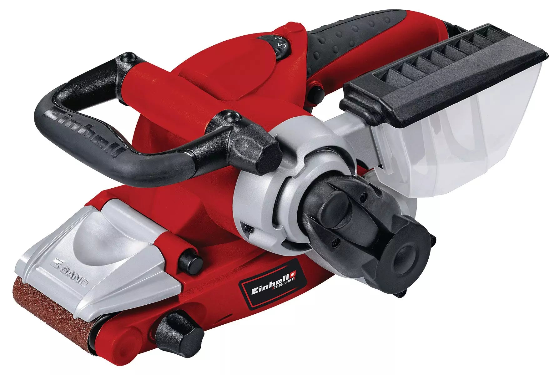 Levigatrice a nastro TE BS 8540 E Einhell con impugnatura ergonomica, box raccogli polvere e protezione frontale regolabile, perfetta per lavorazioni di precisione su diverse superfici con controllo elettronico della velocità. | Dematteis.it