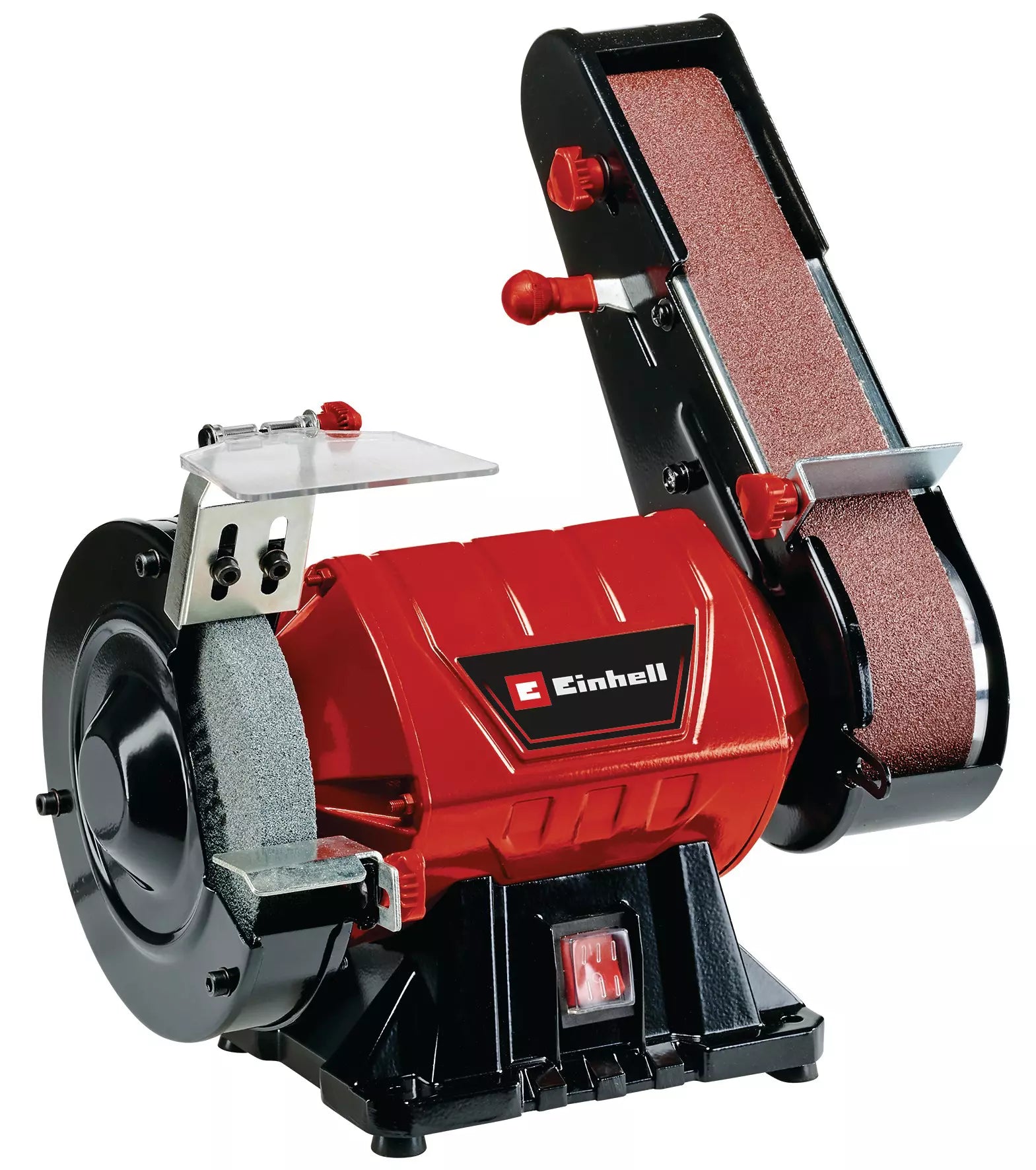 La levigatrice a nastro da banco TC-US 350 di Einhell con struttura robusta, protezione laterale chiusa, schermo anti-scintille e piedini gommati per stabilità durante la levigatura di legno e altri materiali. | Dematteis.it