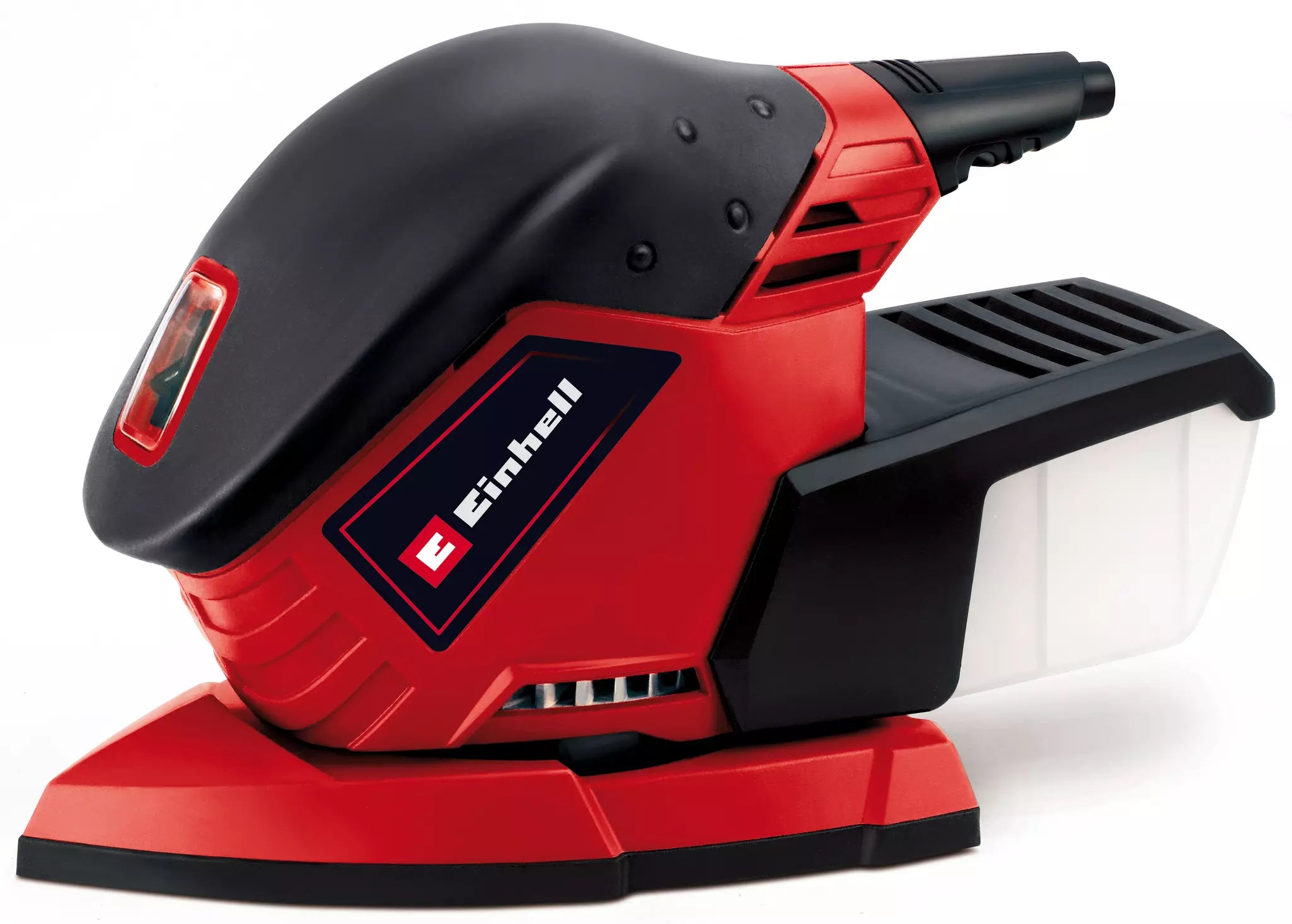 Levigatrice orbitale TE OS 1320 di Einhell con design ergonomico rosso e nero, box raccoglipolvere integrato e sistema di fissaggio a strappo per una rapida sostituzione dei fogli abrasivi. | Dematteis.it