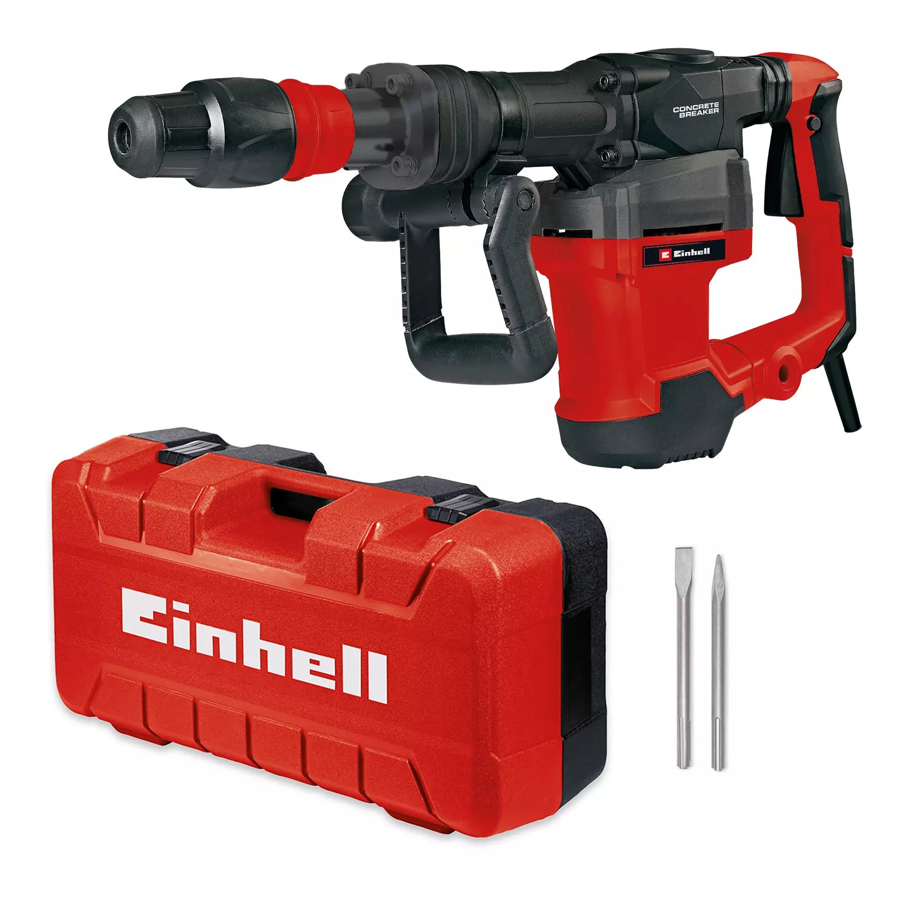 Martello demolitore TE DH 32 Einhell con potenza di 1.500W e forza d'impatto di 32J, completo di impugnatura ergonomica regolabile, mandrino SDS-max e valigetta E-Box con scalpelli inclusi. | Dematteis.it