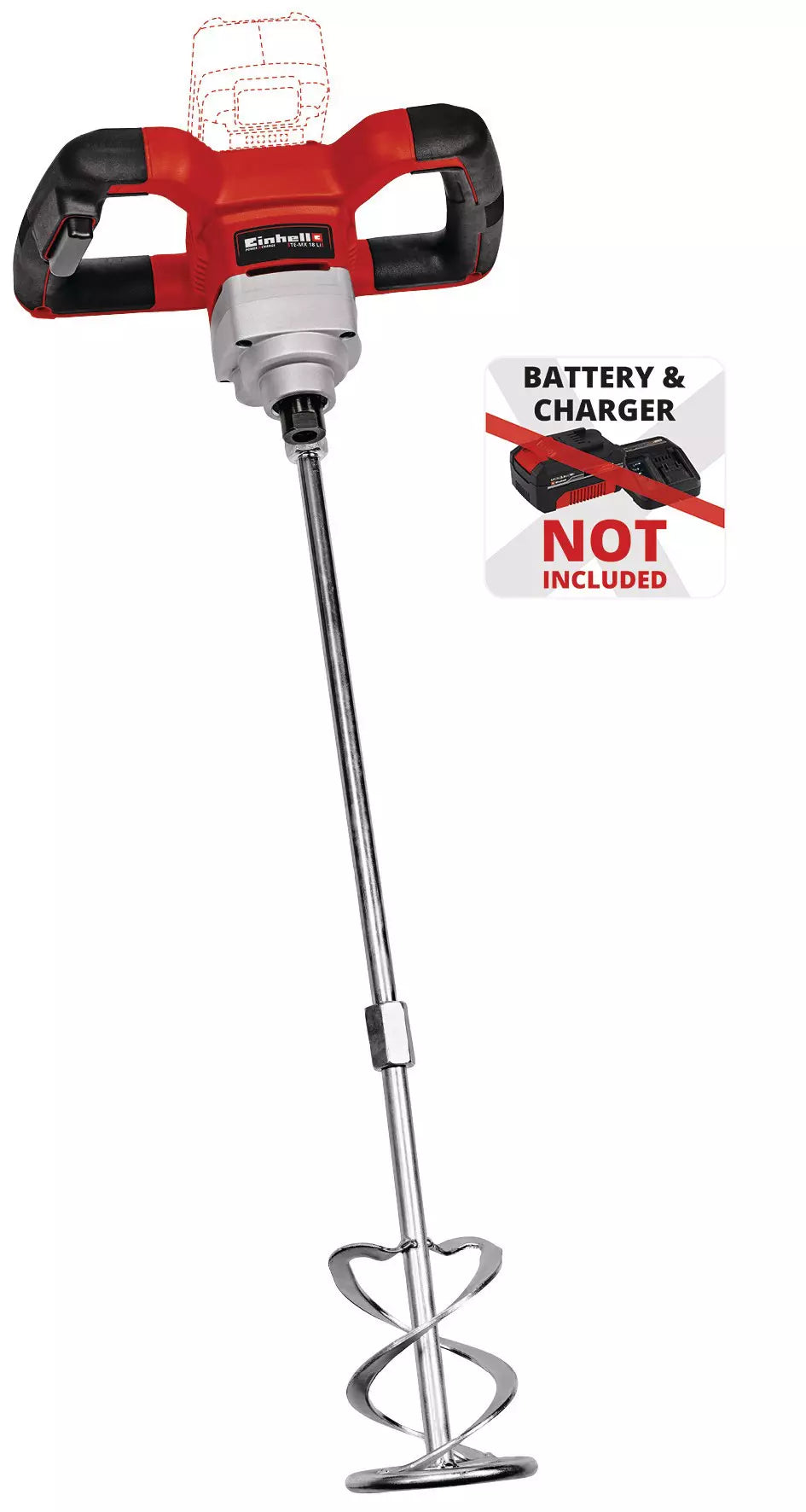 Il miscelatore TE-MX 18 Li Einhell, potente miscelatore a batteria con impugnatura ergonomica, regolazione elettronica della velocità e frusta per malta da 100 mm, parte della famiglia Power X-Change. | Dematteis.it