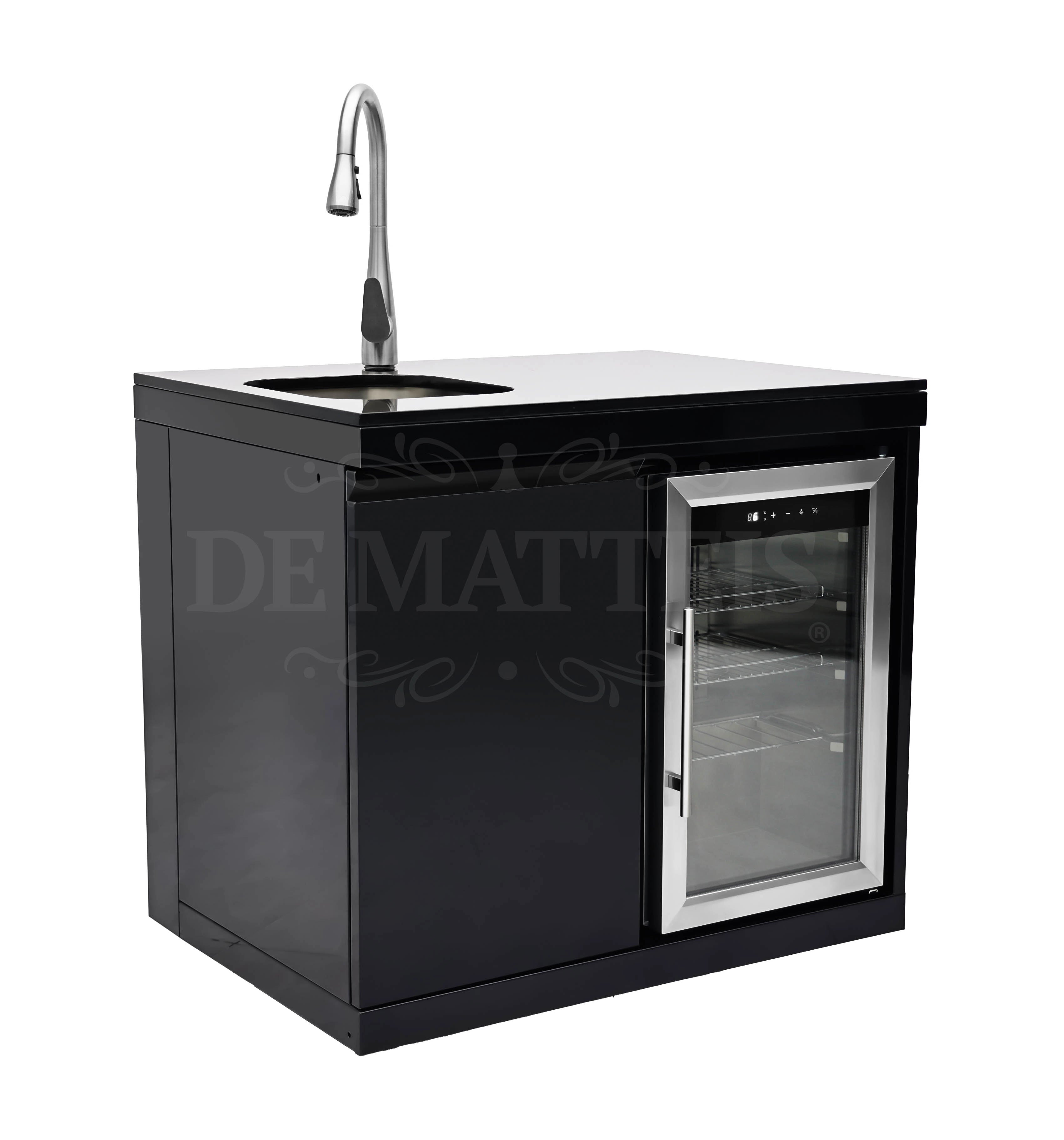 Modulo Frigo E Lavello Per Barbecue Serie Pro di DeMatteis in acciaio inox nero con elegante porta in vetro e top in marmo, perfetto complemento per la tua cucina esterna professionale | Dematteis.it