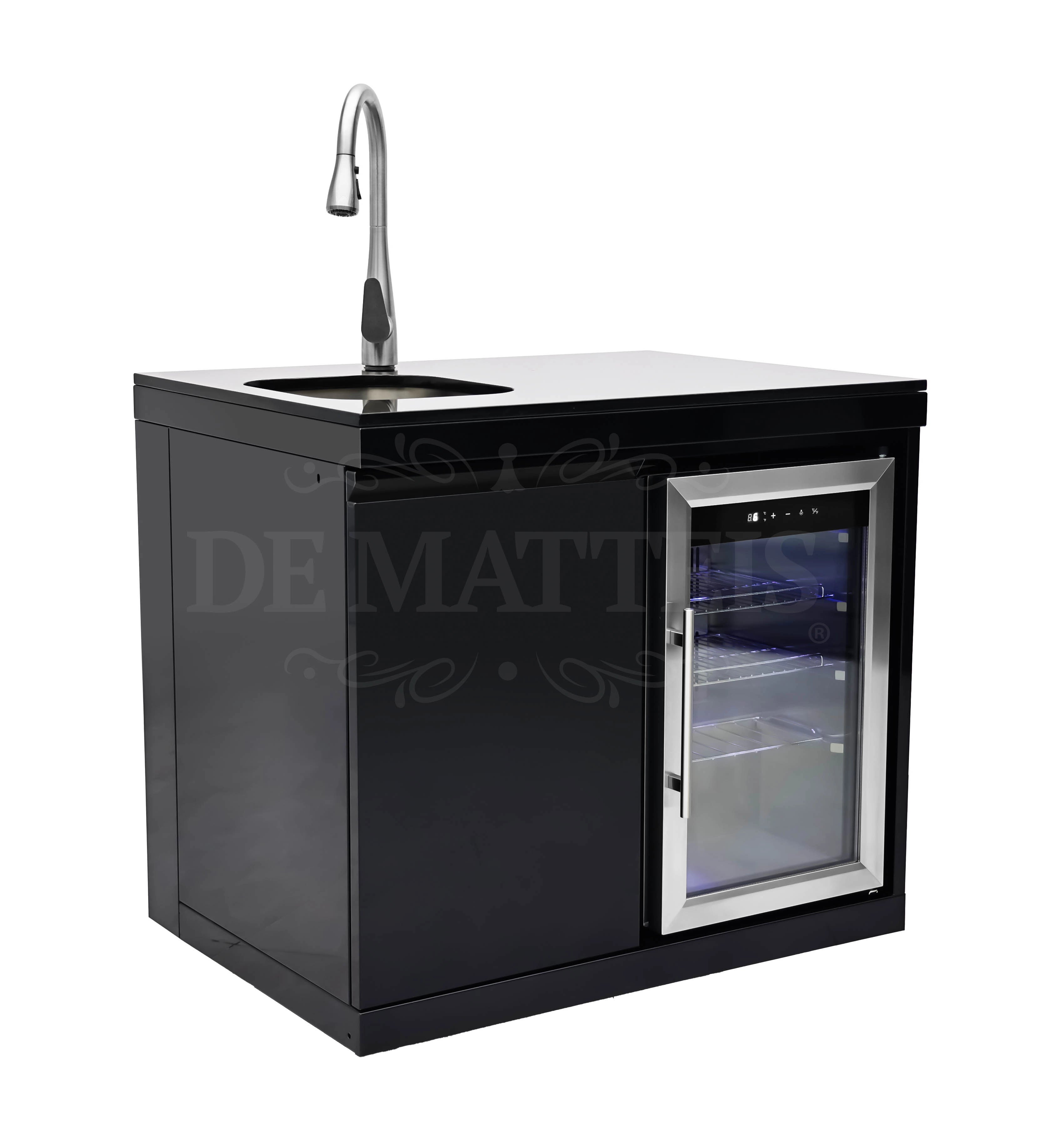 Modulo Frigo E Lavello Per Barbecue Serie Pro di DeMatteis in acciaio inox nero con elegante porta in vetro e top in marmo, perfetto complemento per la tua cucina esterna professionale | Dematteis.it