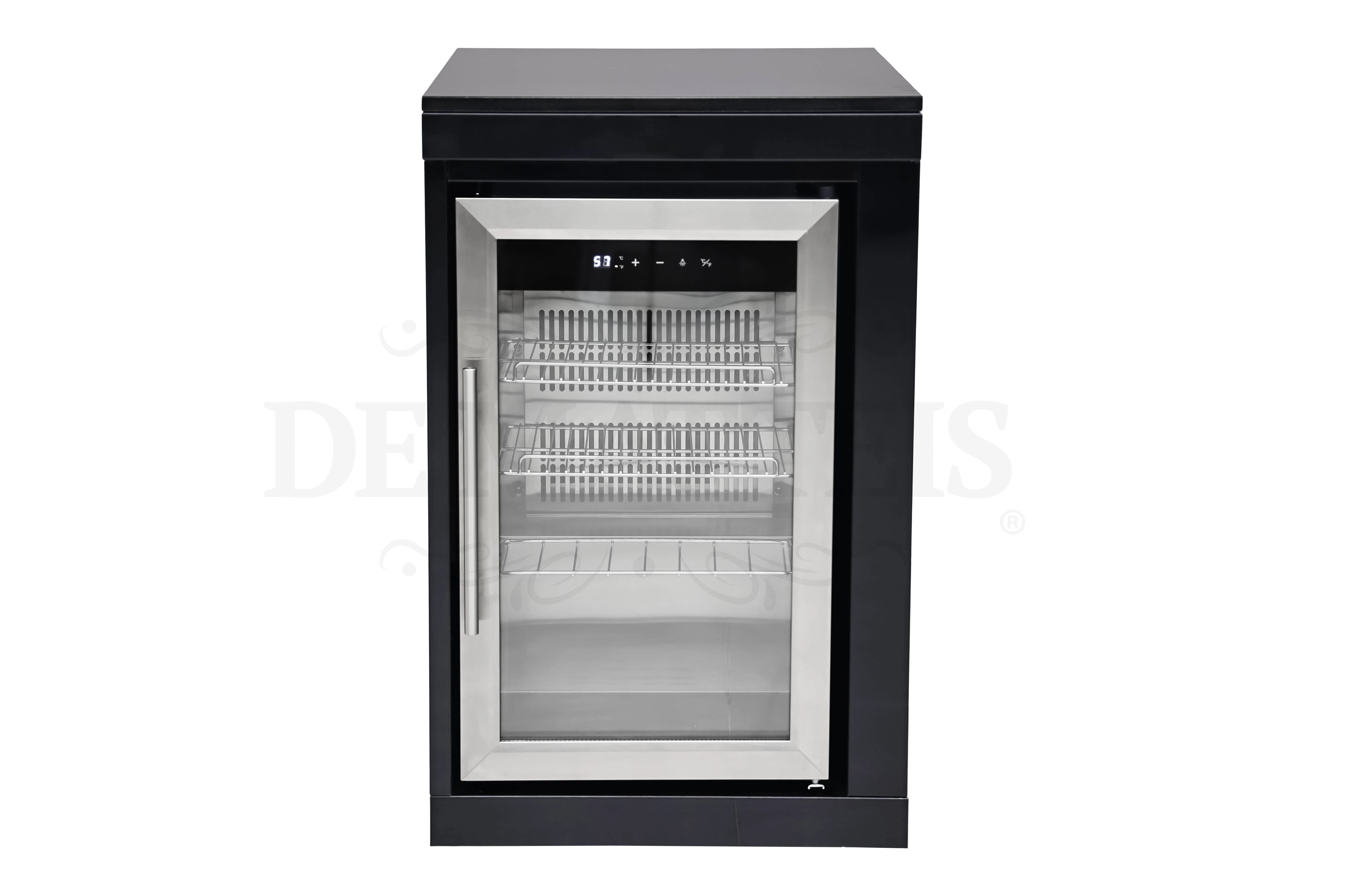 Modulo Frigo Per Barbecue Serie Pro di DeMatteis in acciaio inox nero con elegante porta in vetro e top in marmo, perfetto complemento per la tua cucina esterna professionale | Dematteis.it