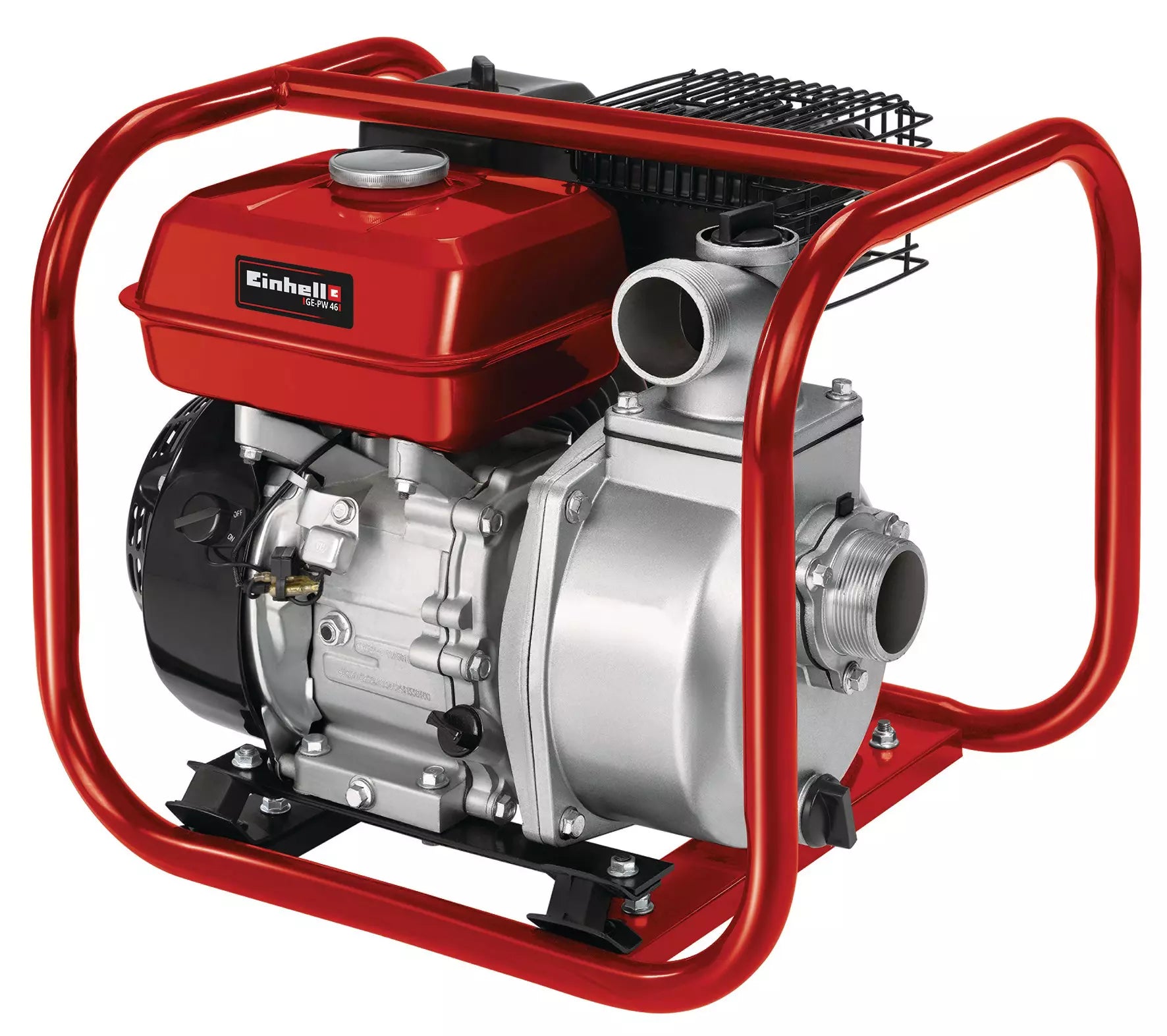 La motopompa GE PW 46 Einhell con telaio tubolare rosso, motore a 4 tempi da 4,6 kW, serbatoio da 4,2 litri e raccordi da 2" per erogare fino a 23.000 litri d'acqua all'ora. | Dematteis.it