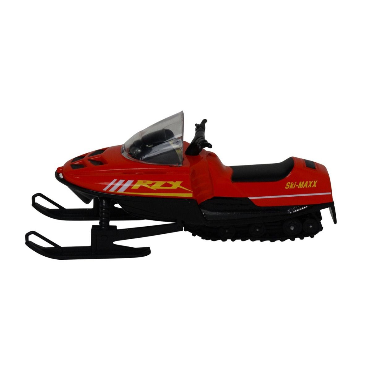 Motoslitta Jaegerndorfer rossa in miniatura con dettagli ROX Ski-MAXX, parabrezza trasparente e telecomando per Villaggio di Natale. | Dematteis.it