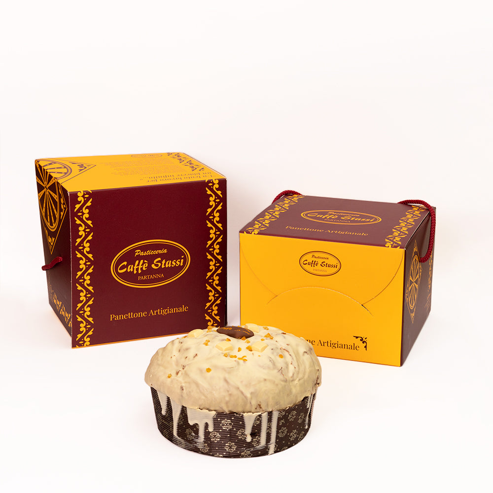Panettone artigianale cioccolato bianco maracuja con confezione regalo bordeaux oro dolce natalizio siciliano - DeMatteis.it