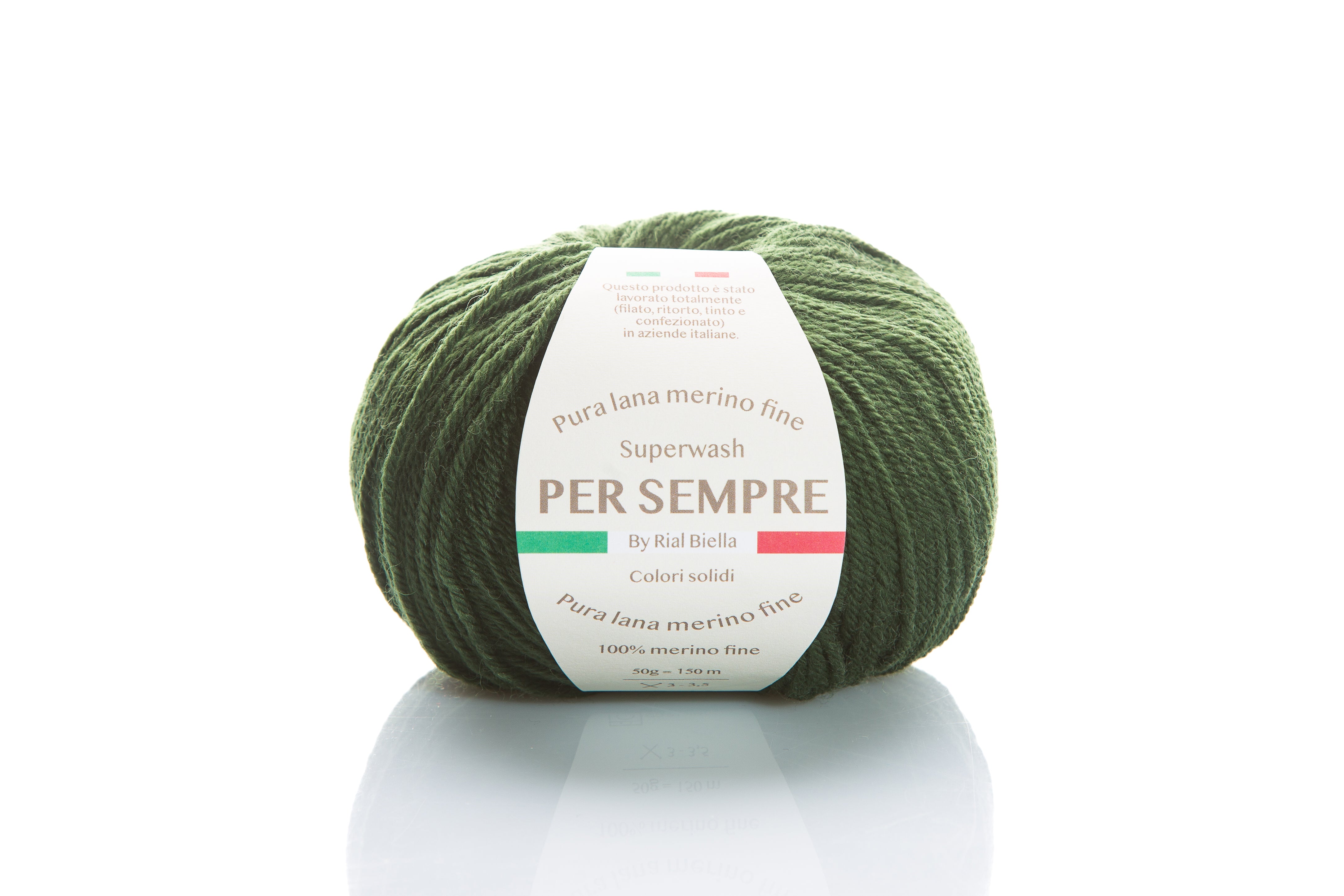 Rial, Filato Lana 100% 50 g Colore 1015 gomitolo verde oliva con etichetta bianca Per Sempre pura lana merino fine superwash - DeMatteis.it